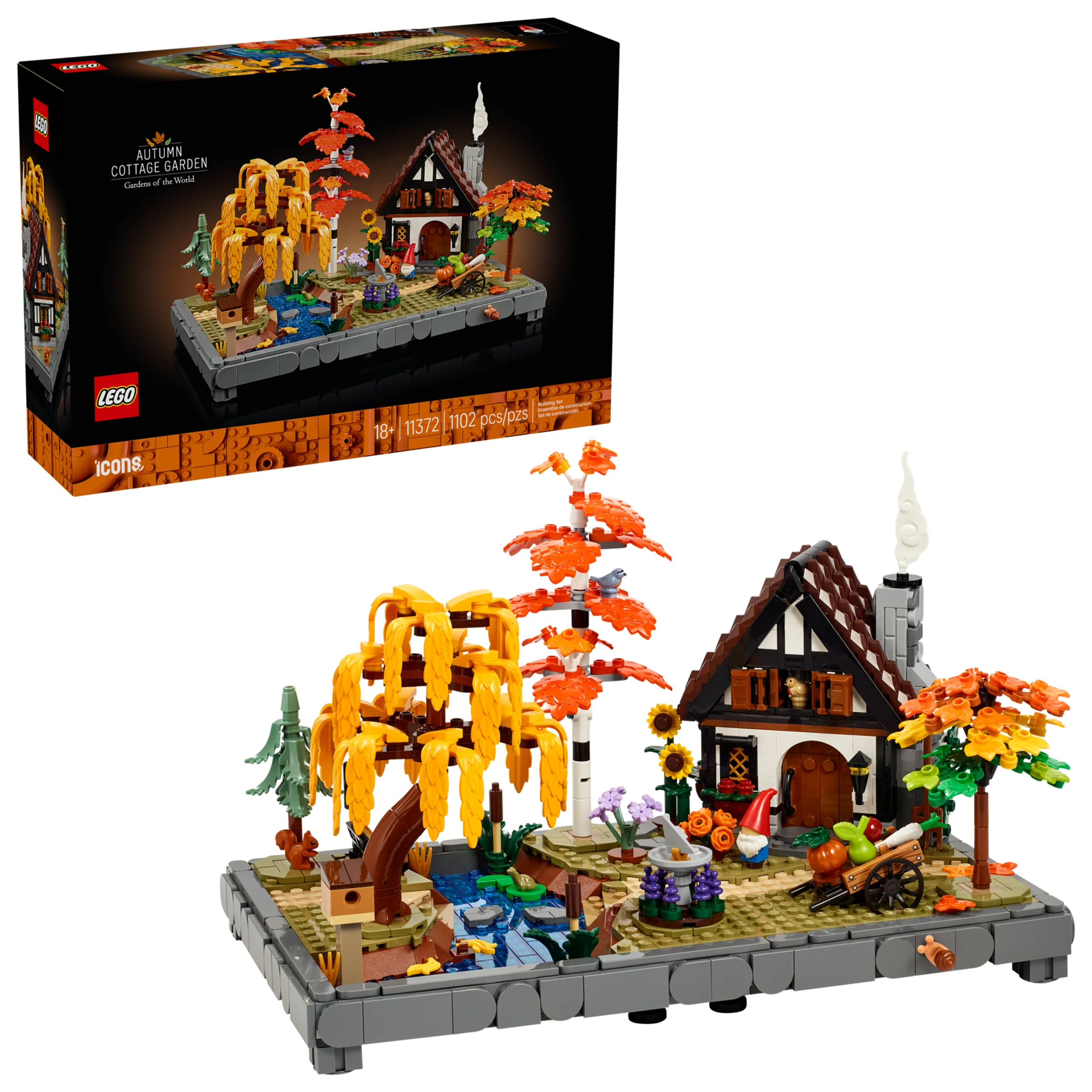 Imagine cu setul LEGO 11372 „Autumn Cottage Garden” și cutia produsului. Scenă idilică de toamnă.