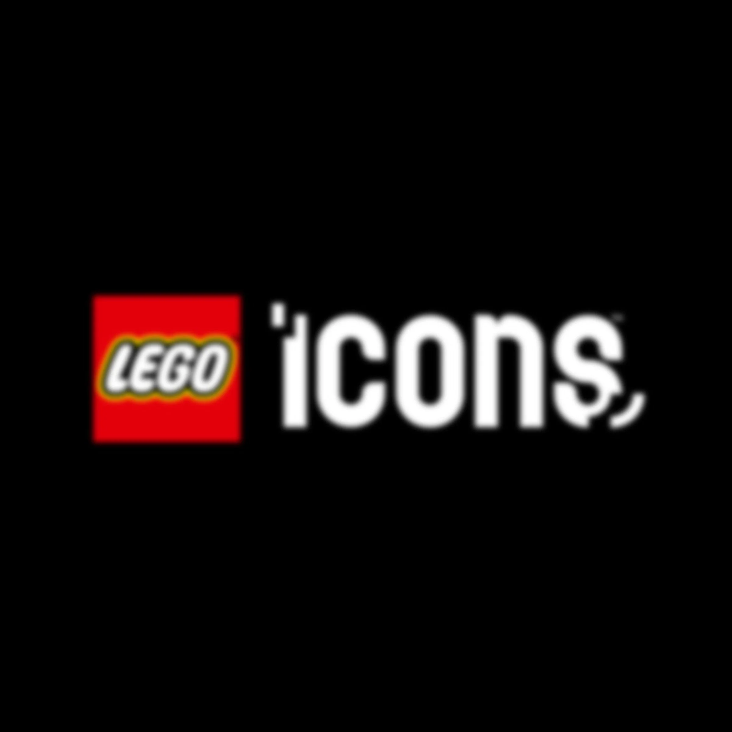Sigla LEGO Icons: cub roșu cu logo LEGO, lângă textul alb 