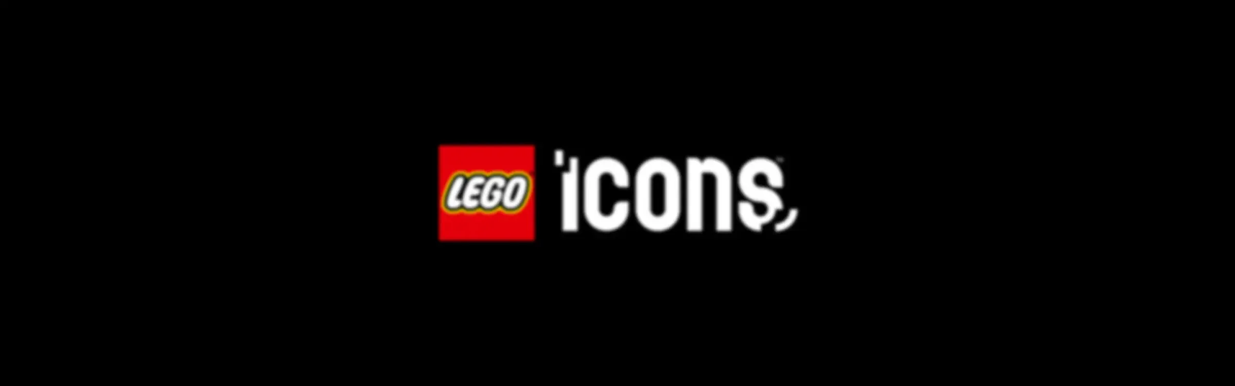 Sigla LEGO Icons pe fundal negru.
