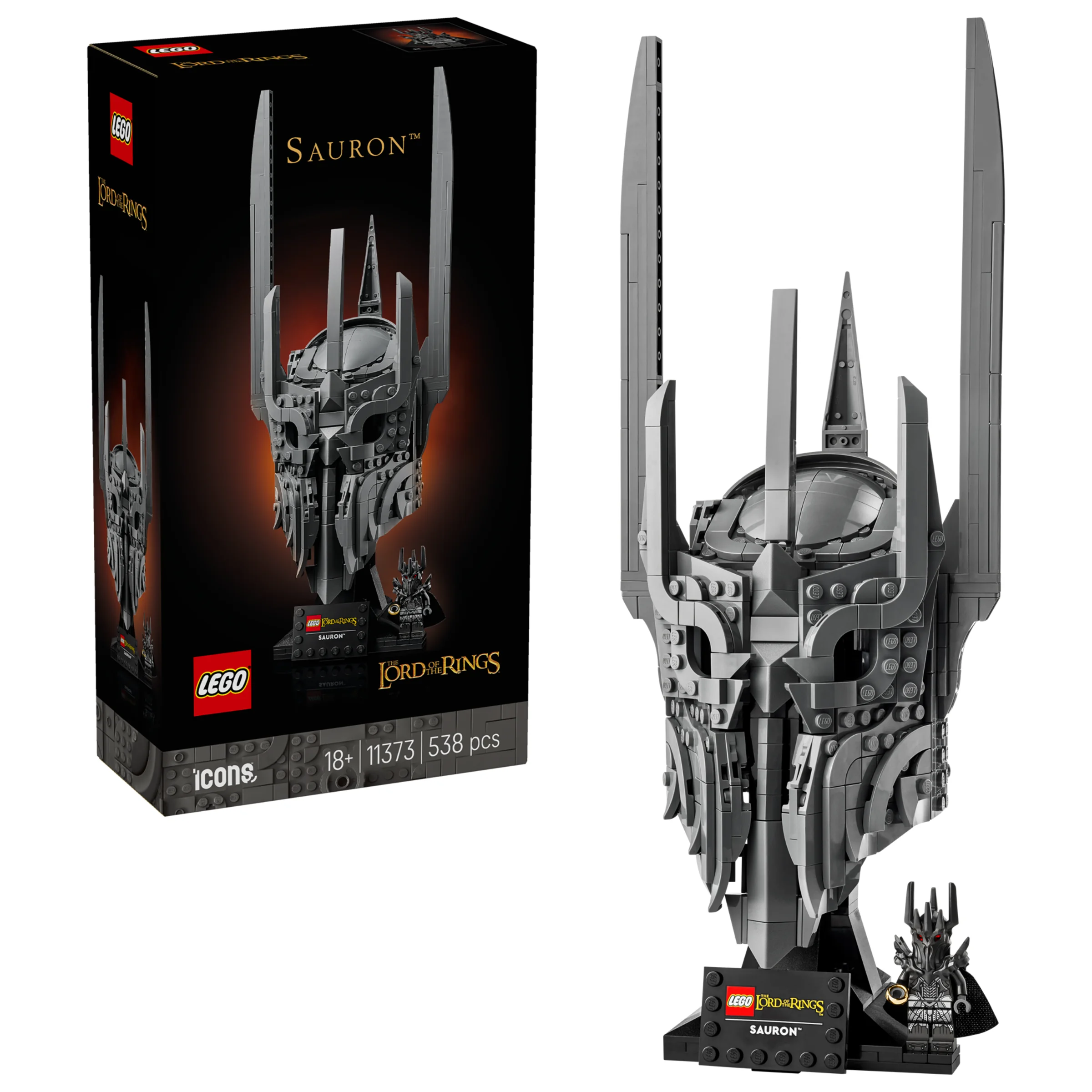 Imagine cu casca lui Sauron LEGO și cutia produsului. Model detaliat, piese gri.