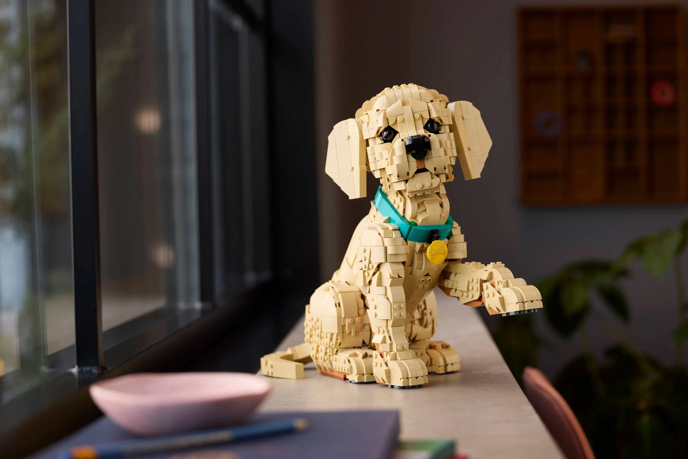 Cățeluș Golden Retriever din LEGO, așezat lângă o fereastră, cu zgardă albastră.