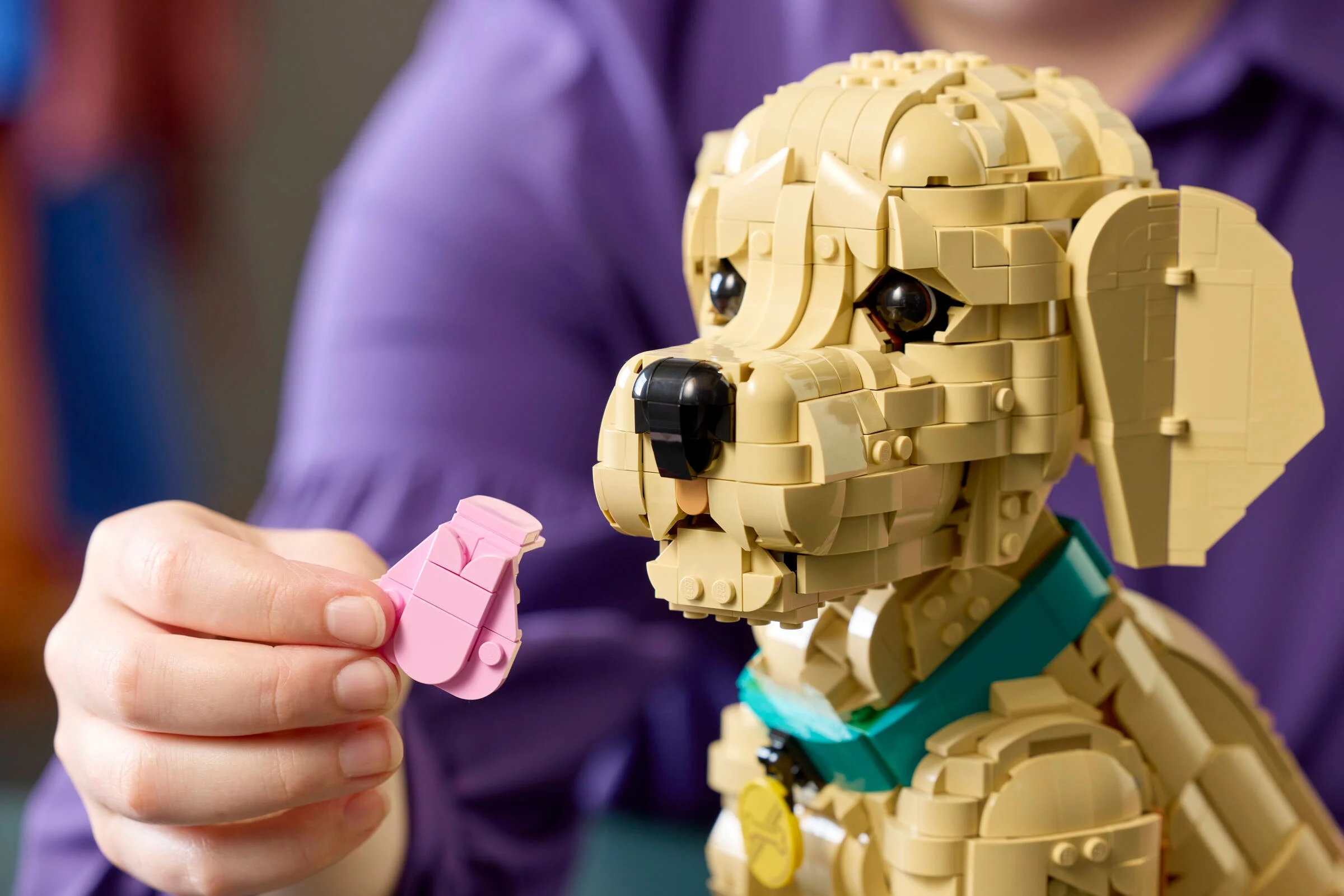 Cățeluș Golden Retriever LEGO cu zgardă, cu recompensa roz în mână. O jucărie minunată!