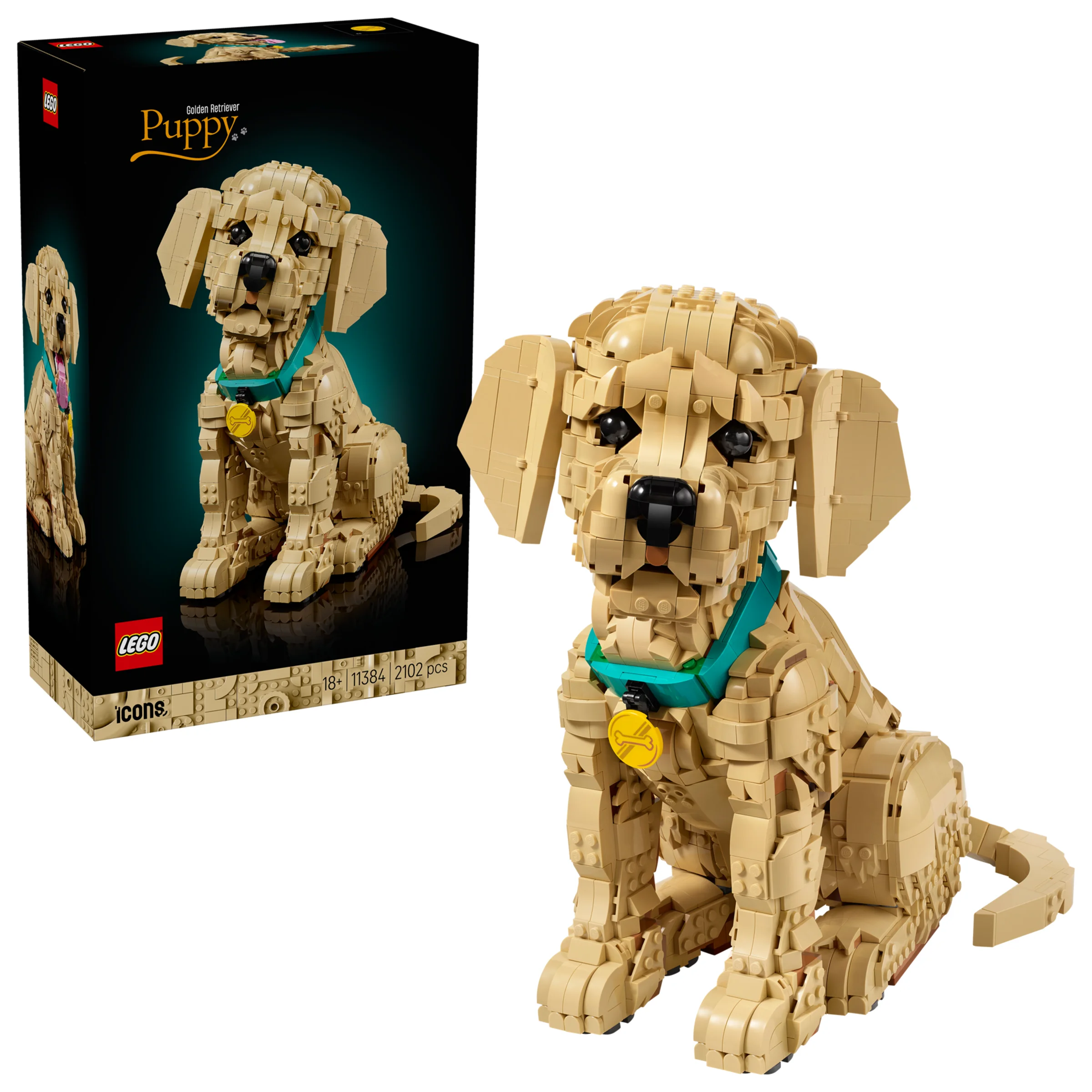 Imagine cu modelul LEGO Golden Retriever Puppy și cutia, prezentând detaliile construcției.