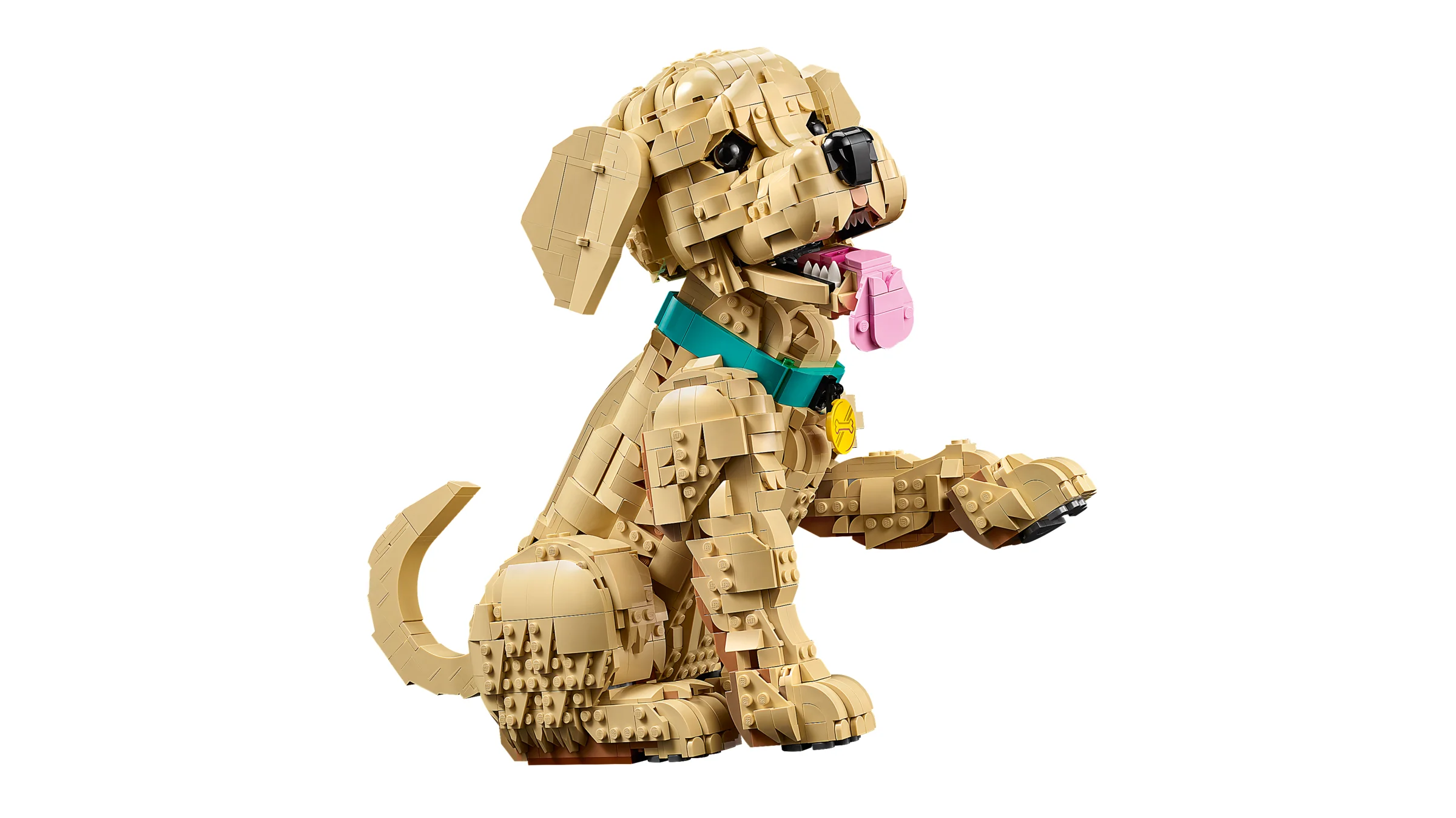 Model LEGO al unui cățeluș Golden Retriever, maro-deschis, cu zgardă și lăbuță ridicată.