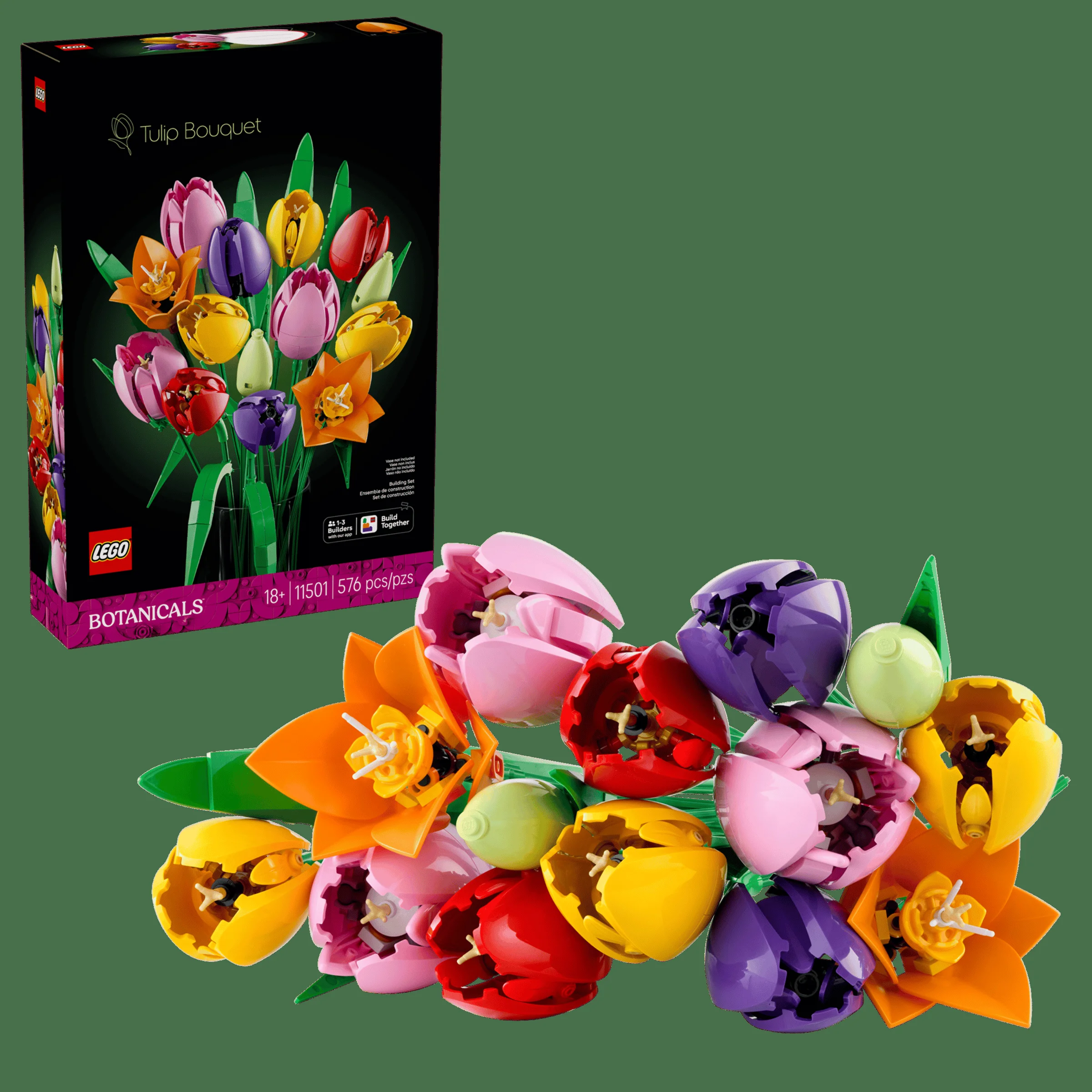 Imagine cu setul LEGO 11501 „Buchet de lalele”, cu cutia și modelul asamblat. Frumusețe florală din cărămizi LEGO.