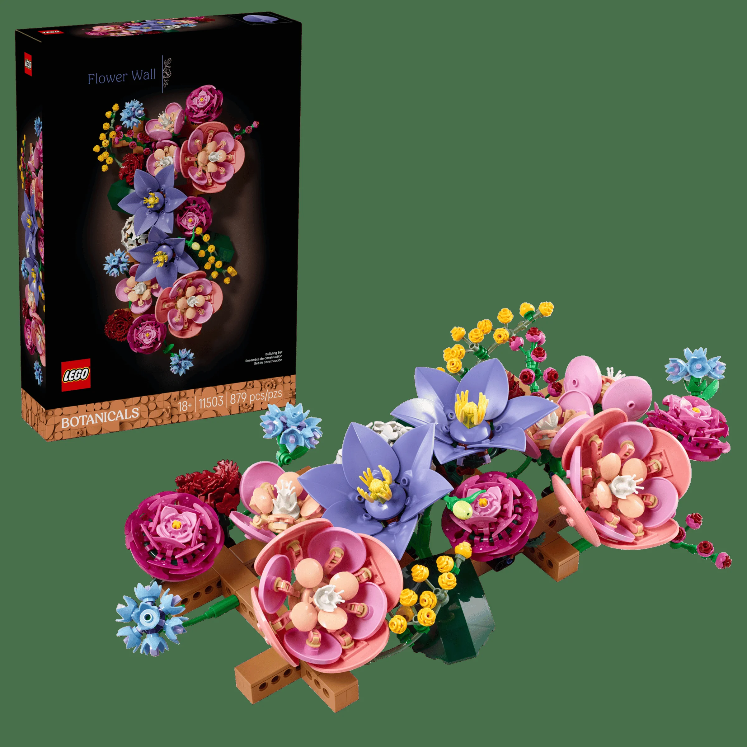 Imagine cu setul LEGO 11503 Flower Wall și cutia, prezentând modelul floral colorat.