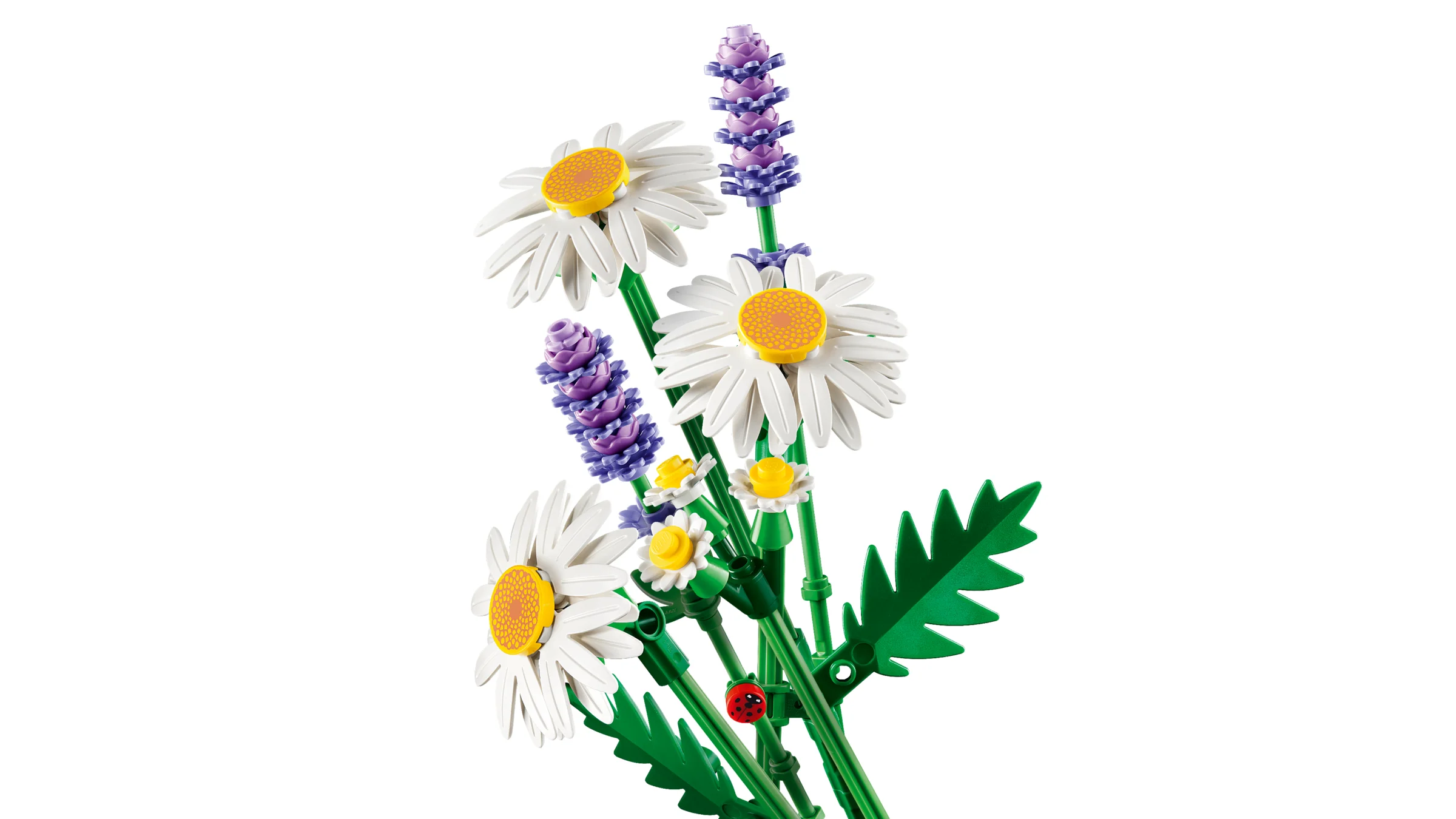 Un buchet LEGO cu margarete și lavandă, detaliat și colorat.