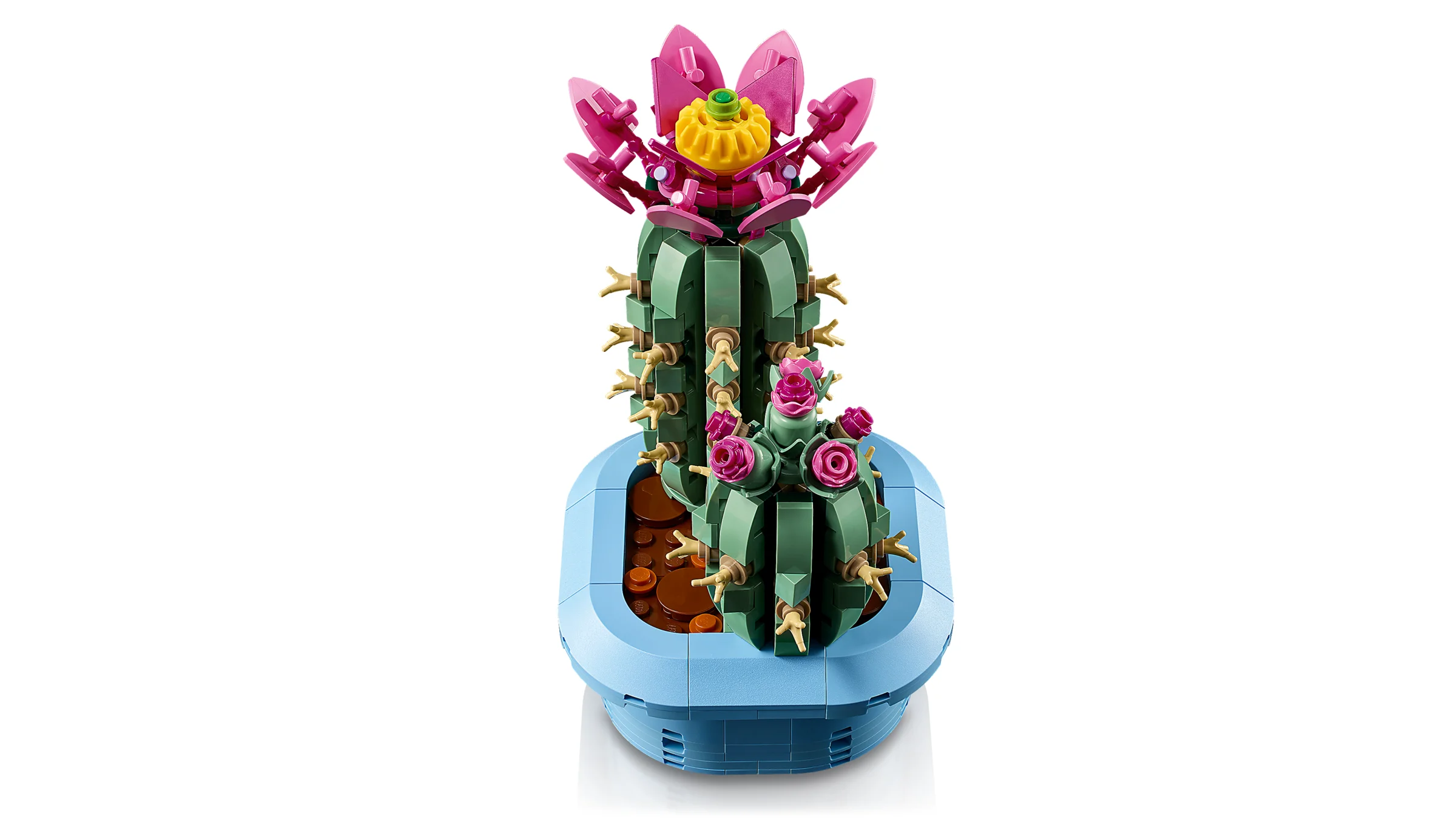 Cactus înflorit LEGO. Model detaliat cu flori roz și galbene într-un ghiveci albastru.