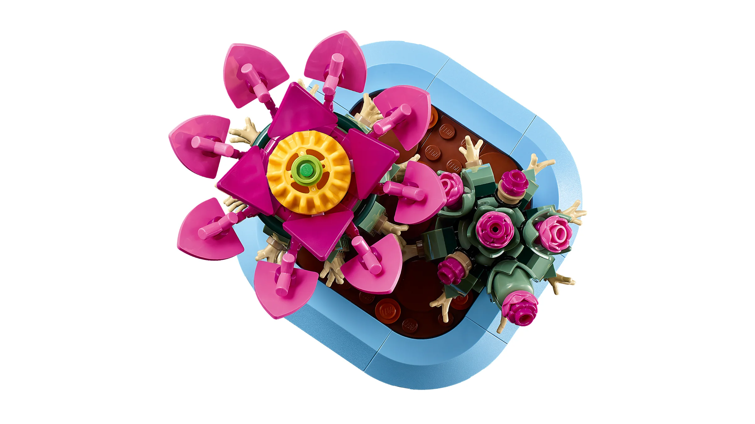 Imagine cu modelul LEGO finalizat, un cactus înfloritor, văzut de sus. Detaliu flori roz și galbene.