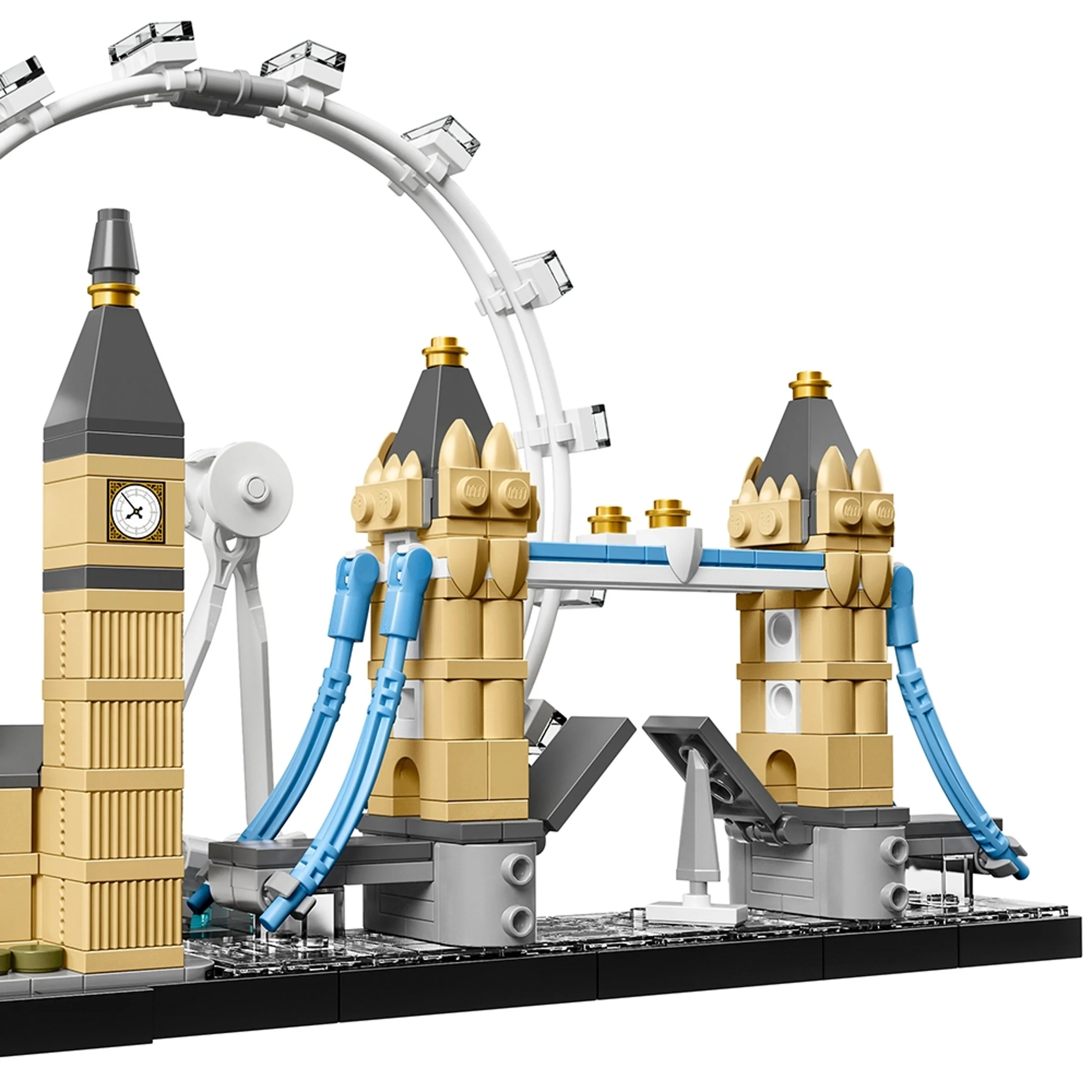 O imagine detaliată a Tower Bridge, Big Ben și London Eye din LEGO Architecture, setul 21034.