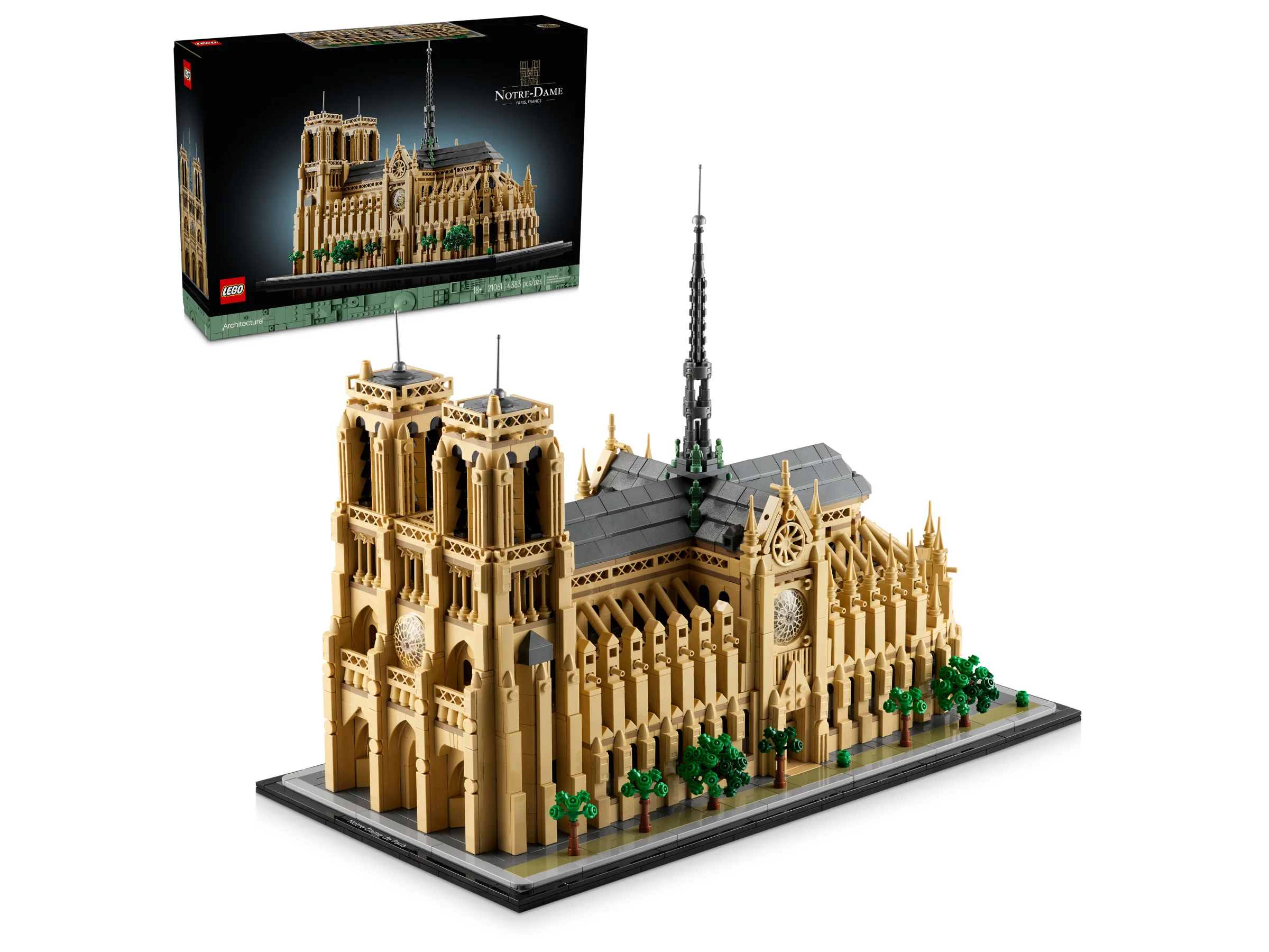 Imagine cu LEGO Notre-Dame de Paris (21061) și cutia. Model detaliat al celebrei catedrale pariziene.