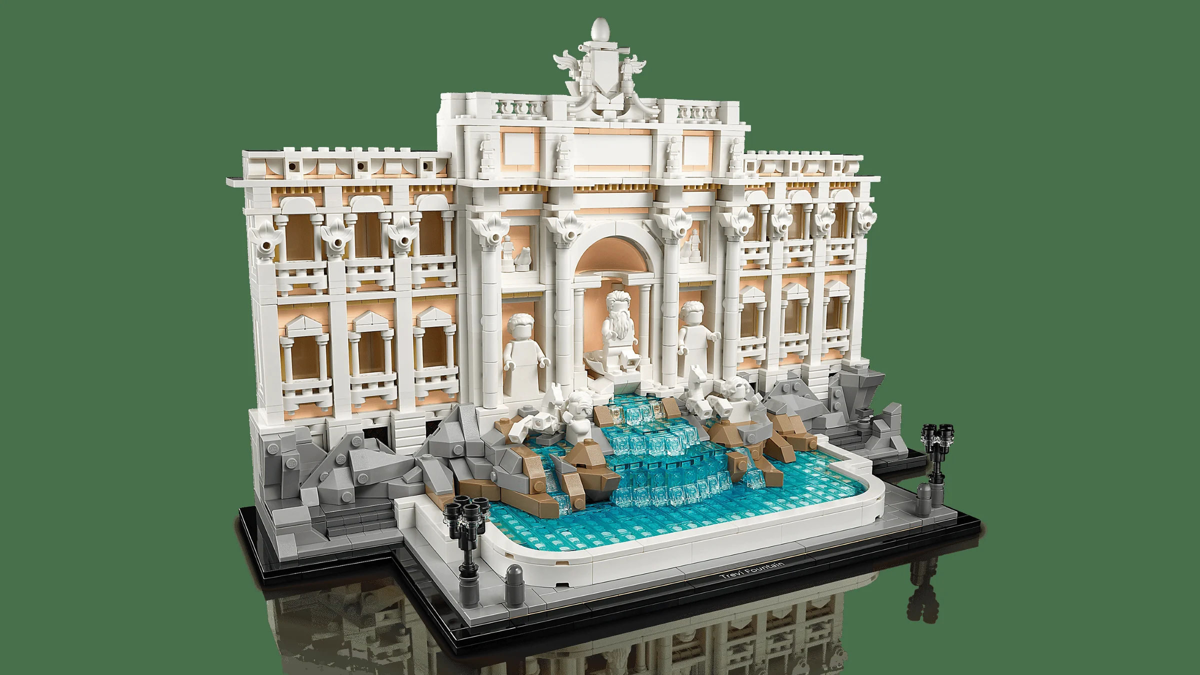 Imagine detaliată a Fântânii Trevi LEGO, cu detaliile arhitecturale și apa albastră.