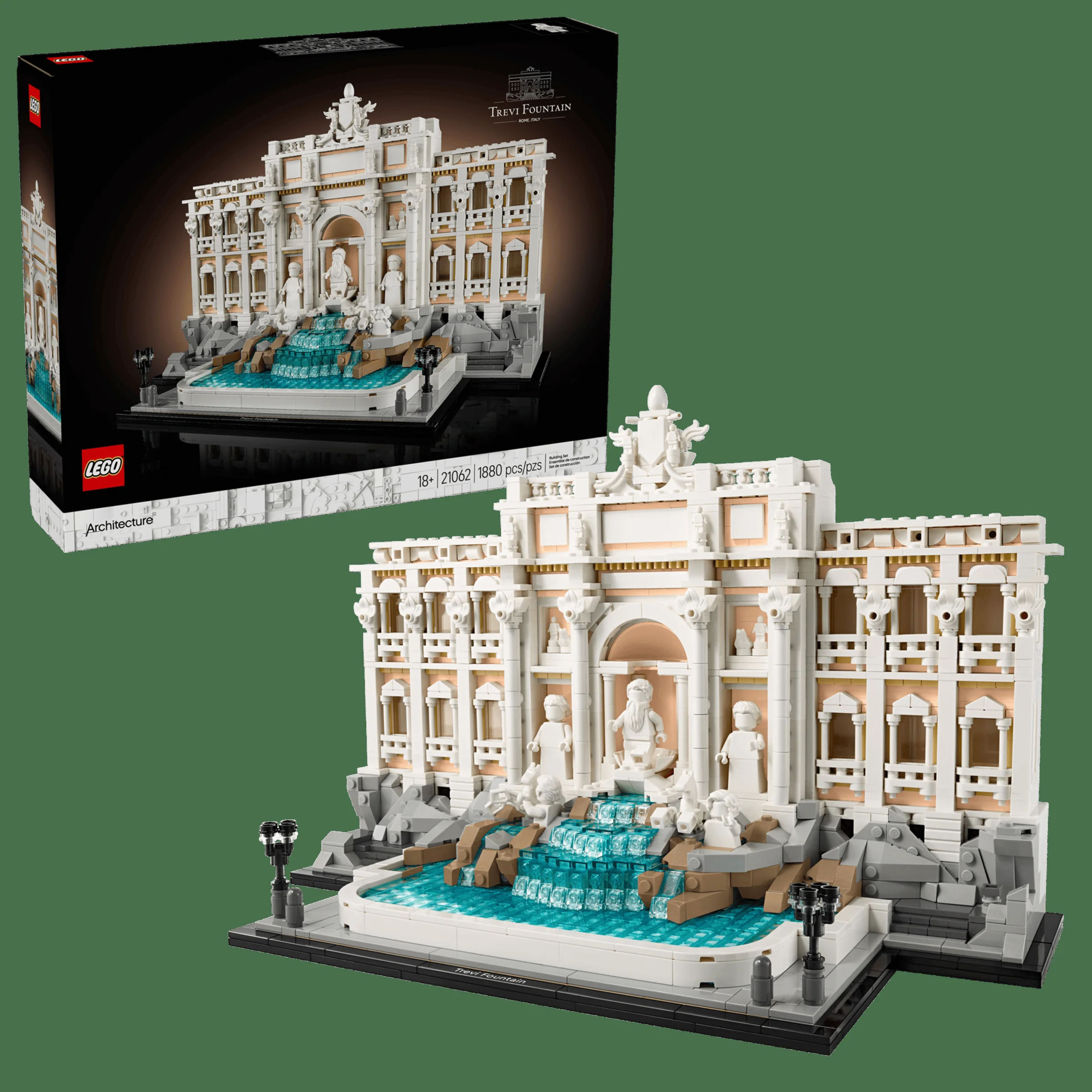 Imagine cu setul LEGO Arhitectură 21062 Fântâna Trevi și cutia produsului. O construcție detaliată, atractivă.
