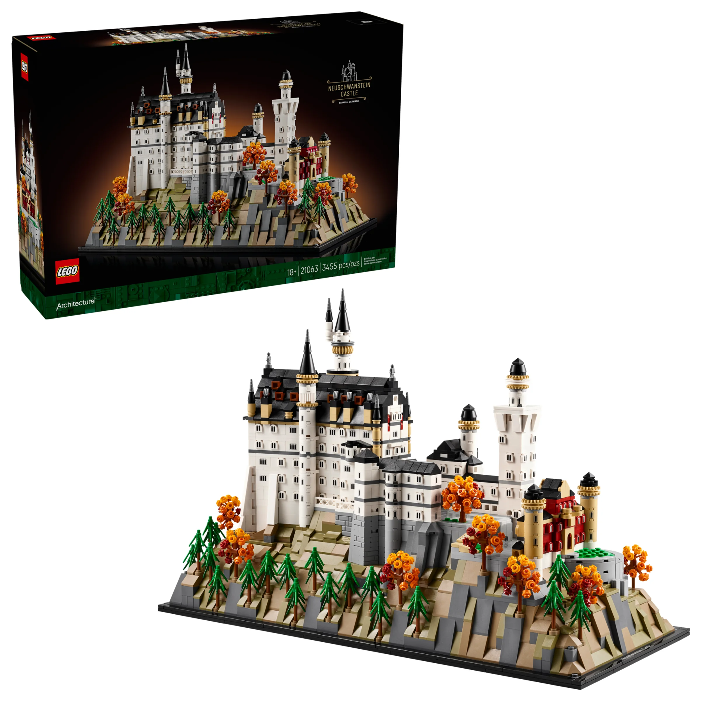 Imagine cu castelul Neuschwanstein LEGO, set detaliat de arhitectură. Include cutia produsului.