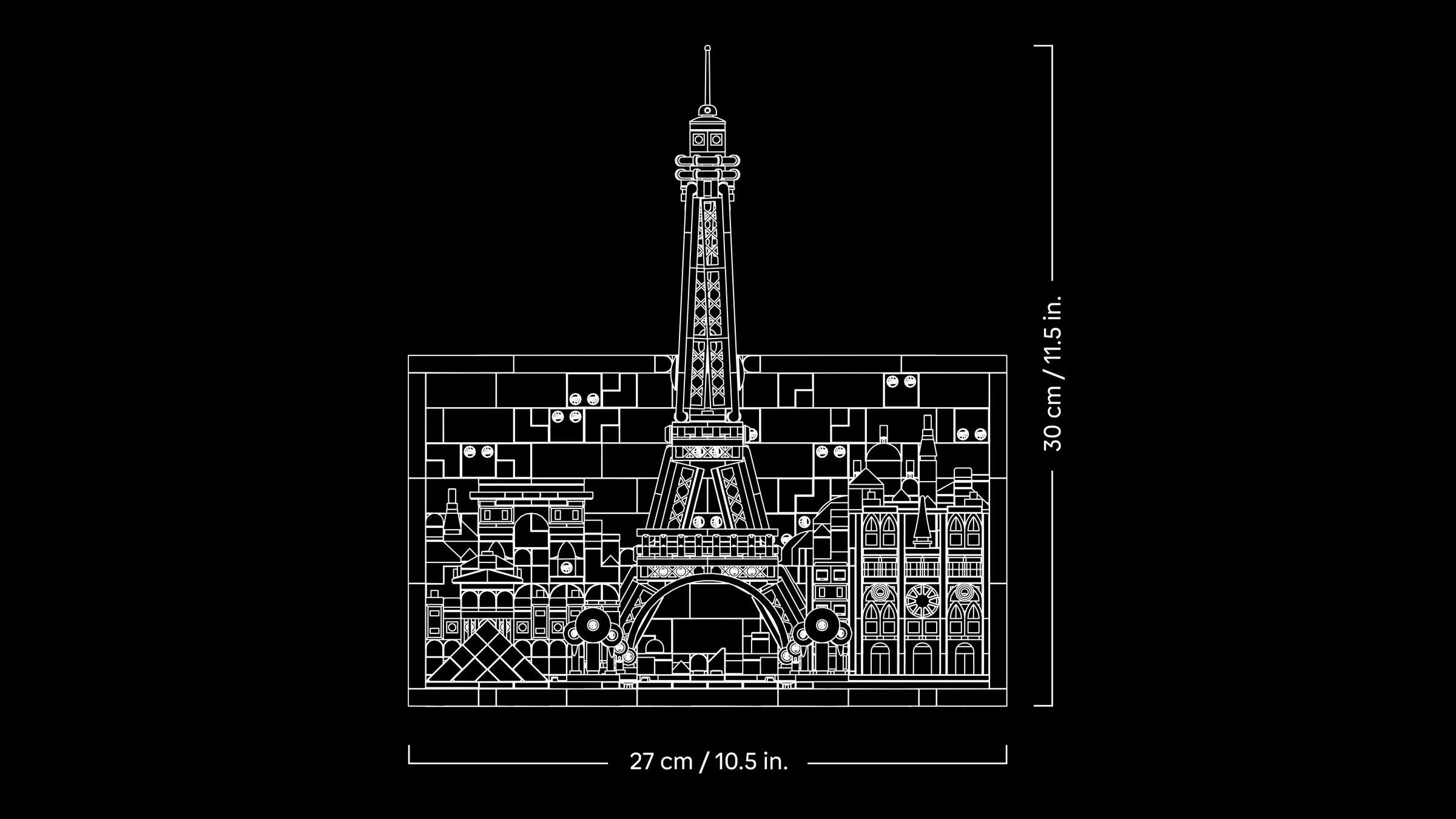 Diagramă tehnică a setului LEGO Paris, dimensiuni 30x27 cm. Imagine alb pe negru.