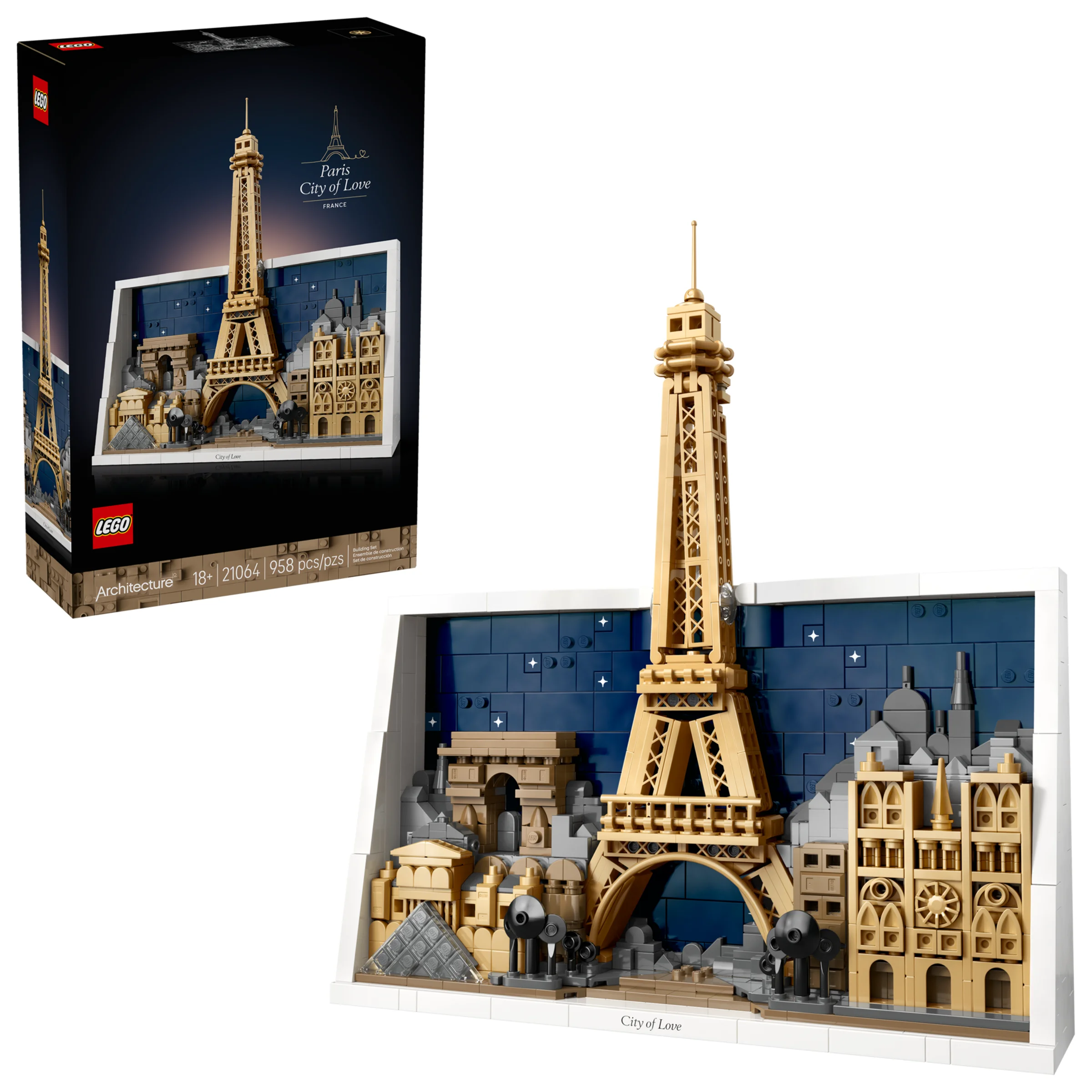 Imagine cu setul LEGO 21064 Paris, ce include cutia și modelul asamblat al orașului Paris. 