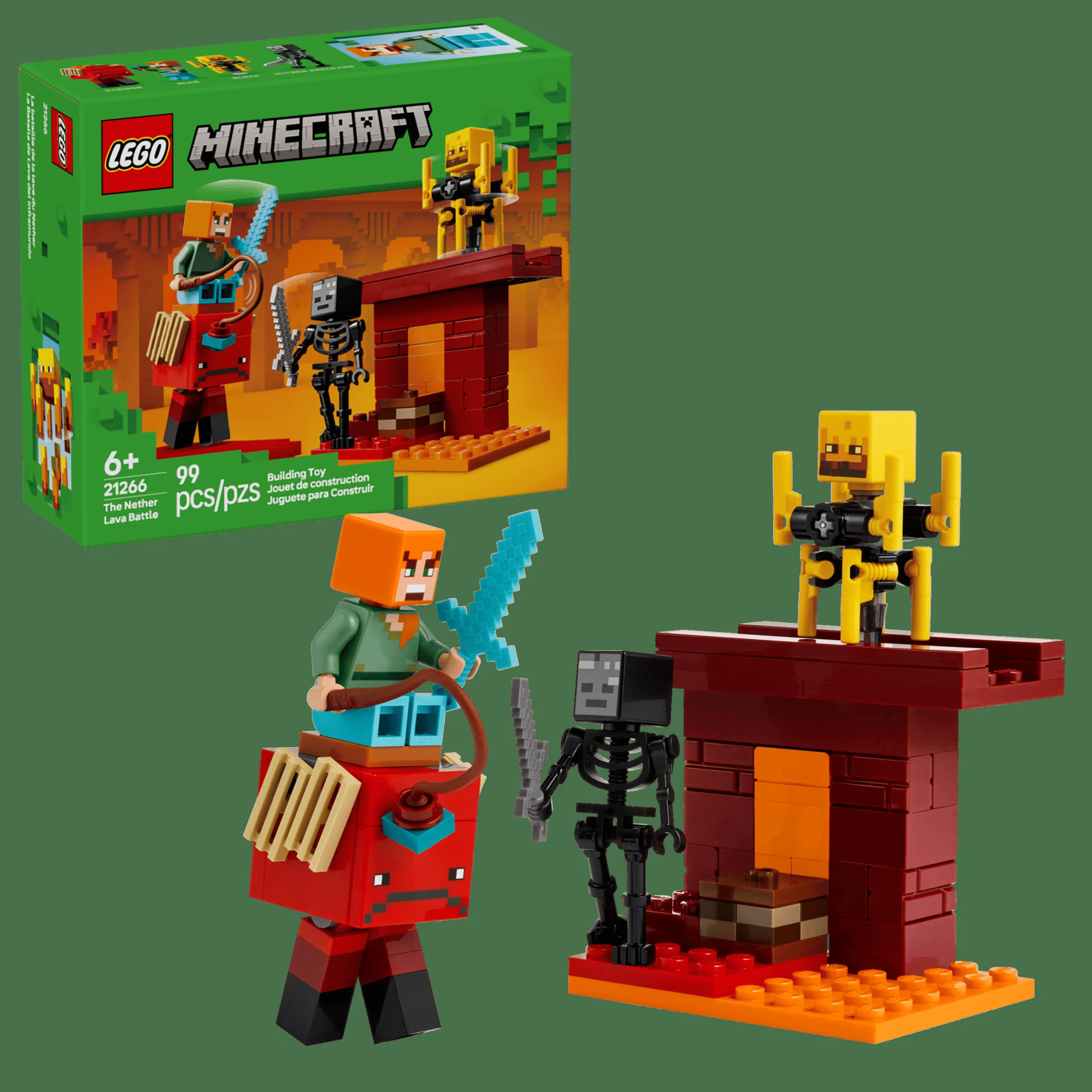 Setul LEGO Minecraft 21266, o bătălie cu lavă în Nether. Include minifigurine și un portal.