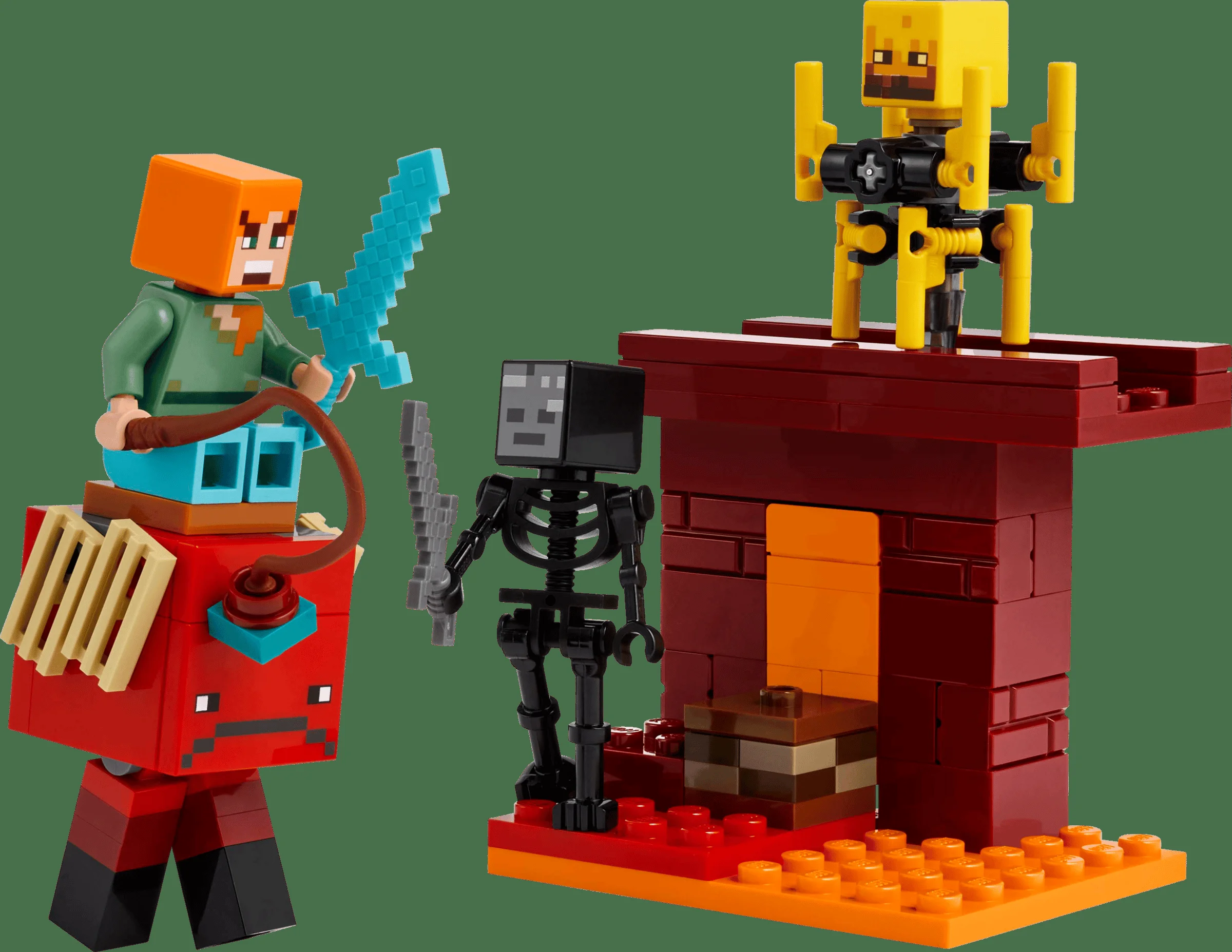 Imagine cu setul LEGO Minecraft 21266, prezentând minifigurine și elemente din Nether.