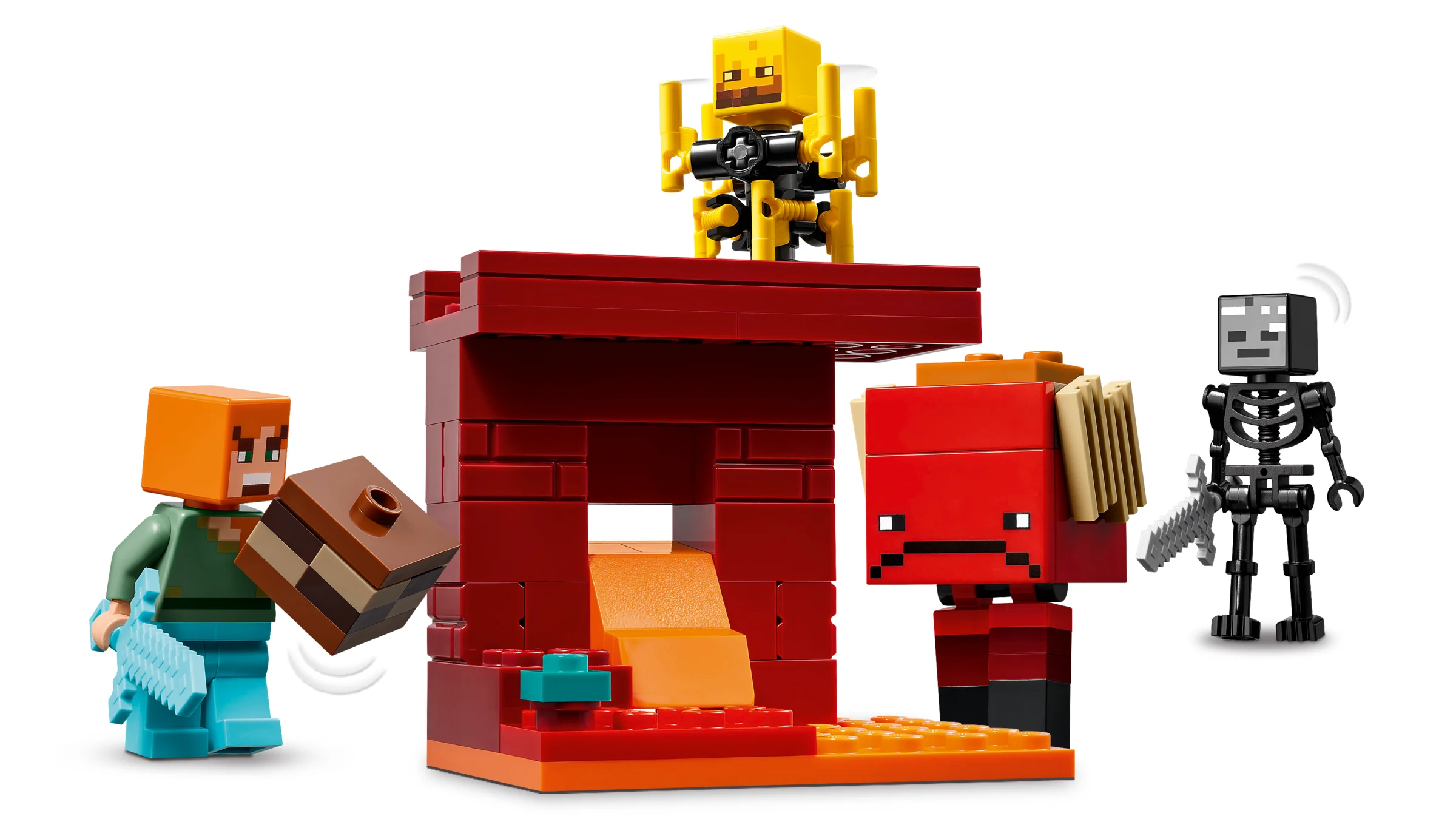 Imagine cu setul LEGO Minecraft 21266, prezentând minifigurine și o scenă din Nether.