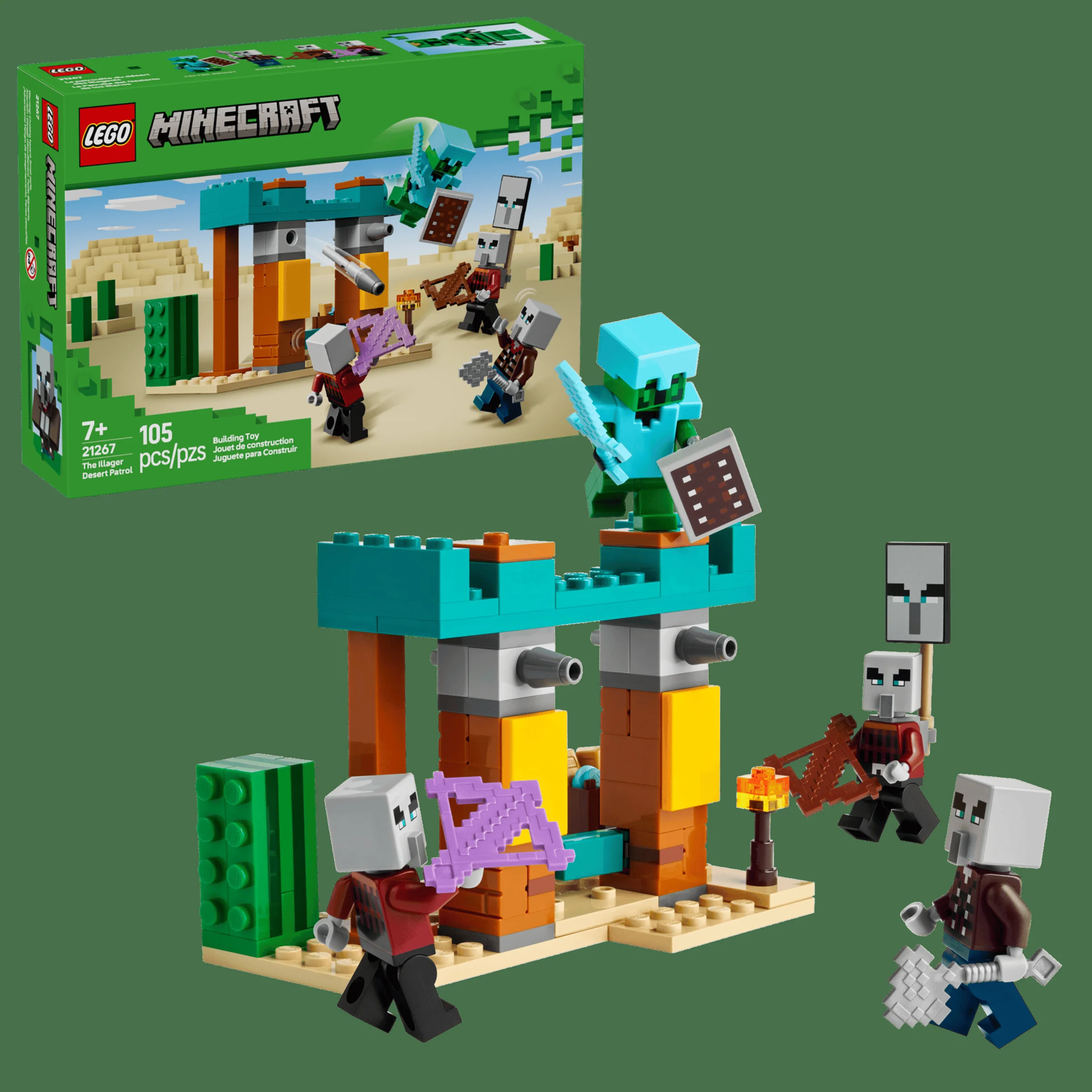Imagine cu setul LEGO Minecraft 21267, Patrolă în deșert, cu minifigurine și structură. Promovează jocul creativ.