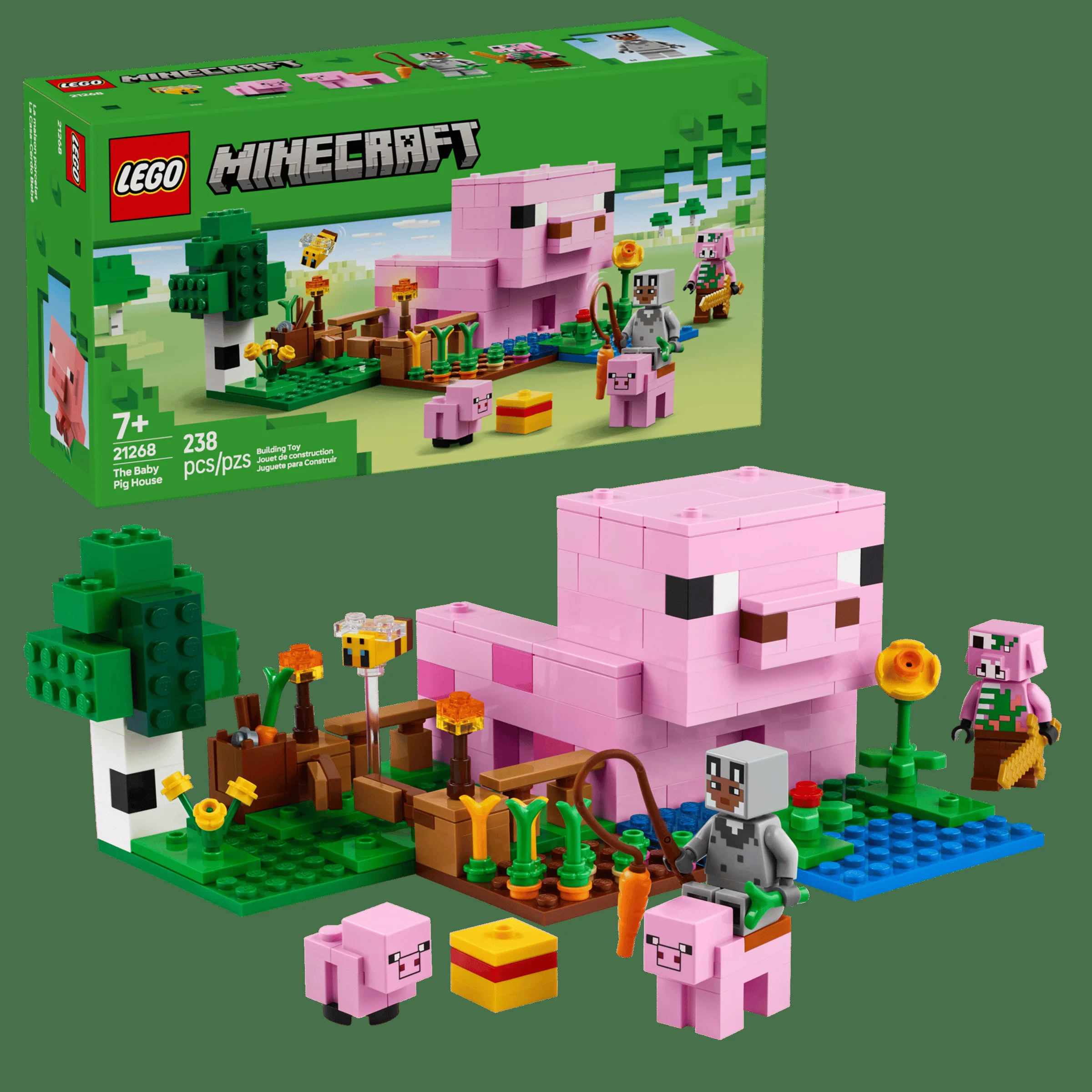 Imagine cu setul LEGO Minecraft 21268, „Casa purcelușului”. Include căsuța-porc și minifigurine.