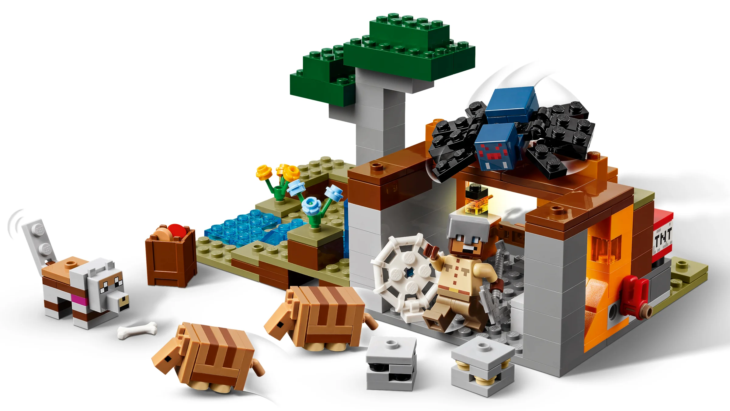 Imagine cu setul LEGO Minecraft 21269, cu exploratorul, armadilo și mina. Detaliile sunt vizibile.