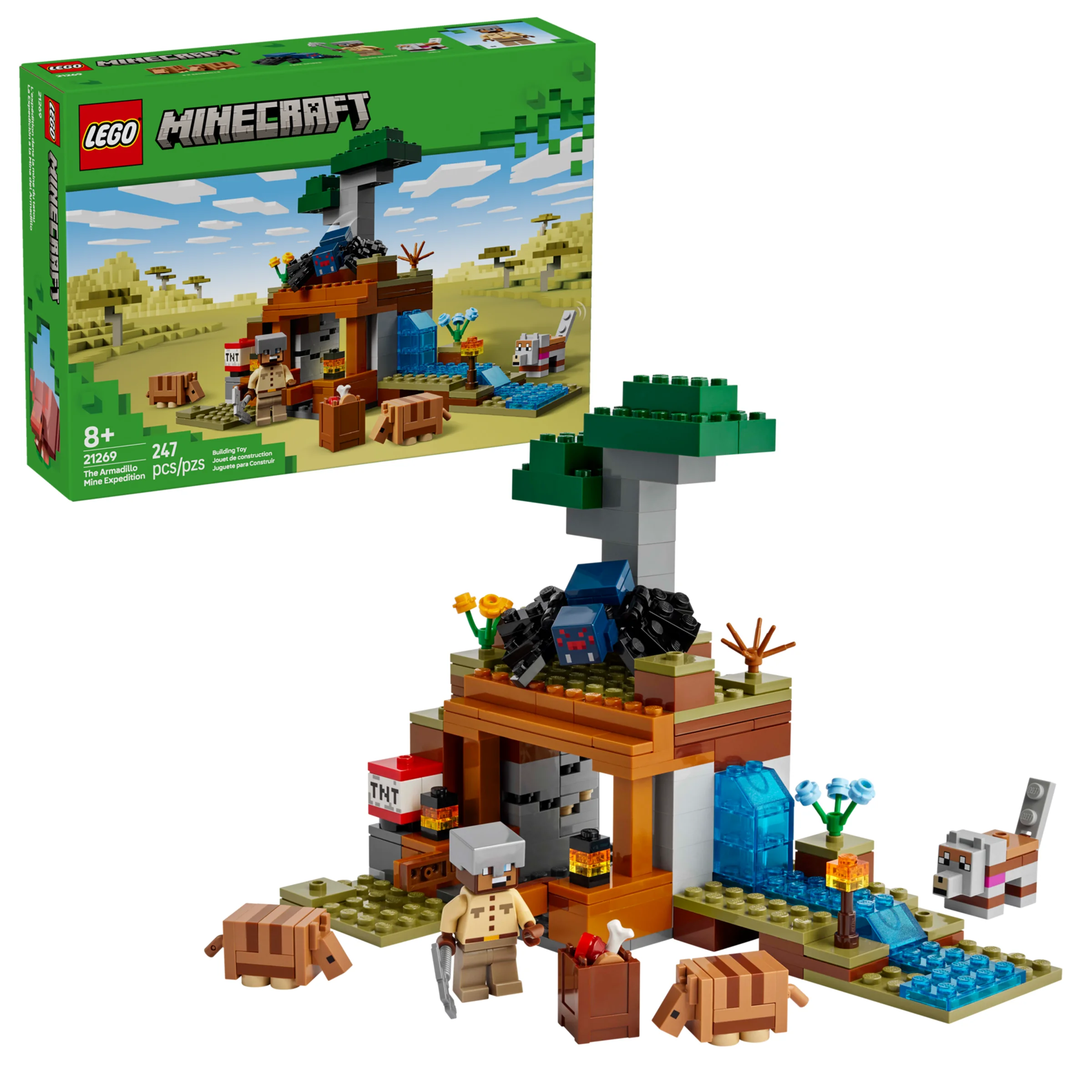Setul LEGO Minecraft 21269, cu mină, minifigurine și armadillo.