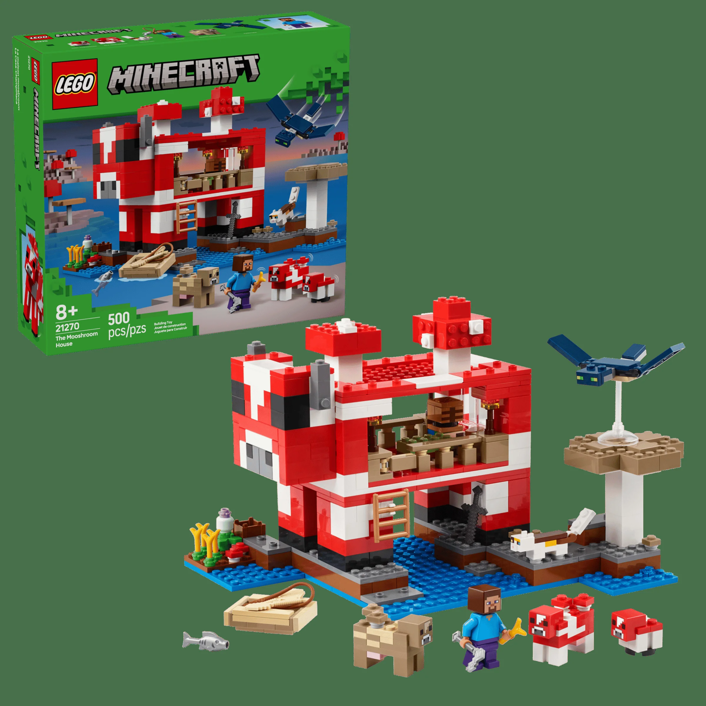 Imagine cu setul LEGO Minecraft 21270, Casa Mooshroom. Include minifigurine și detalii ale modelului construit.