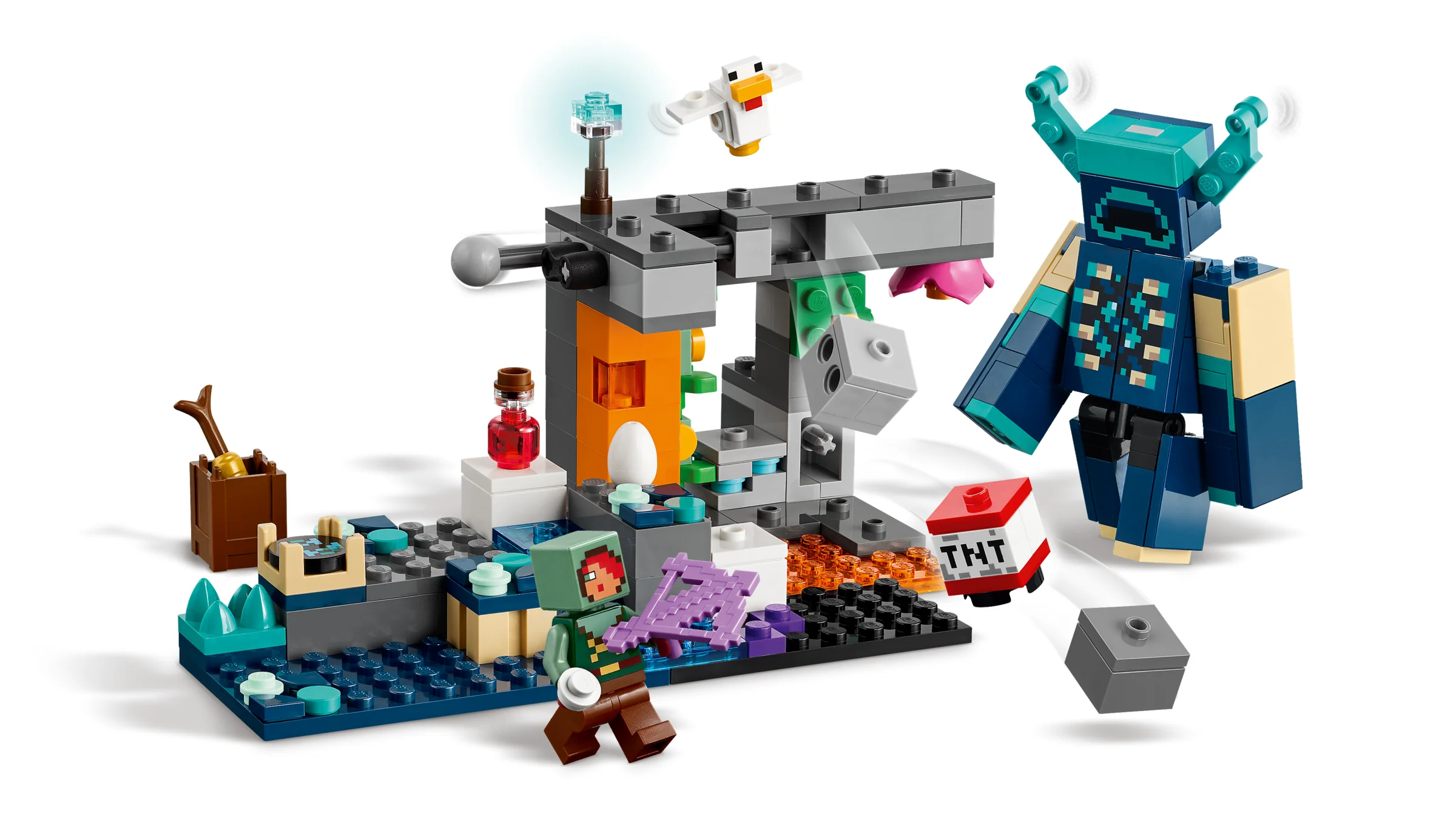 Setul LEGO Minecraft 21274 prezintă o scenă cu Warden, tânăr și o construcție cu capcane. Aventură palpitantă!