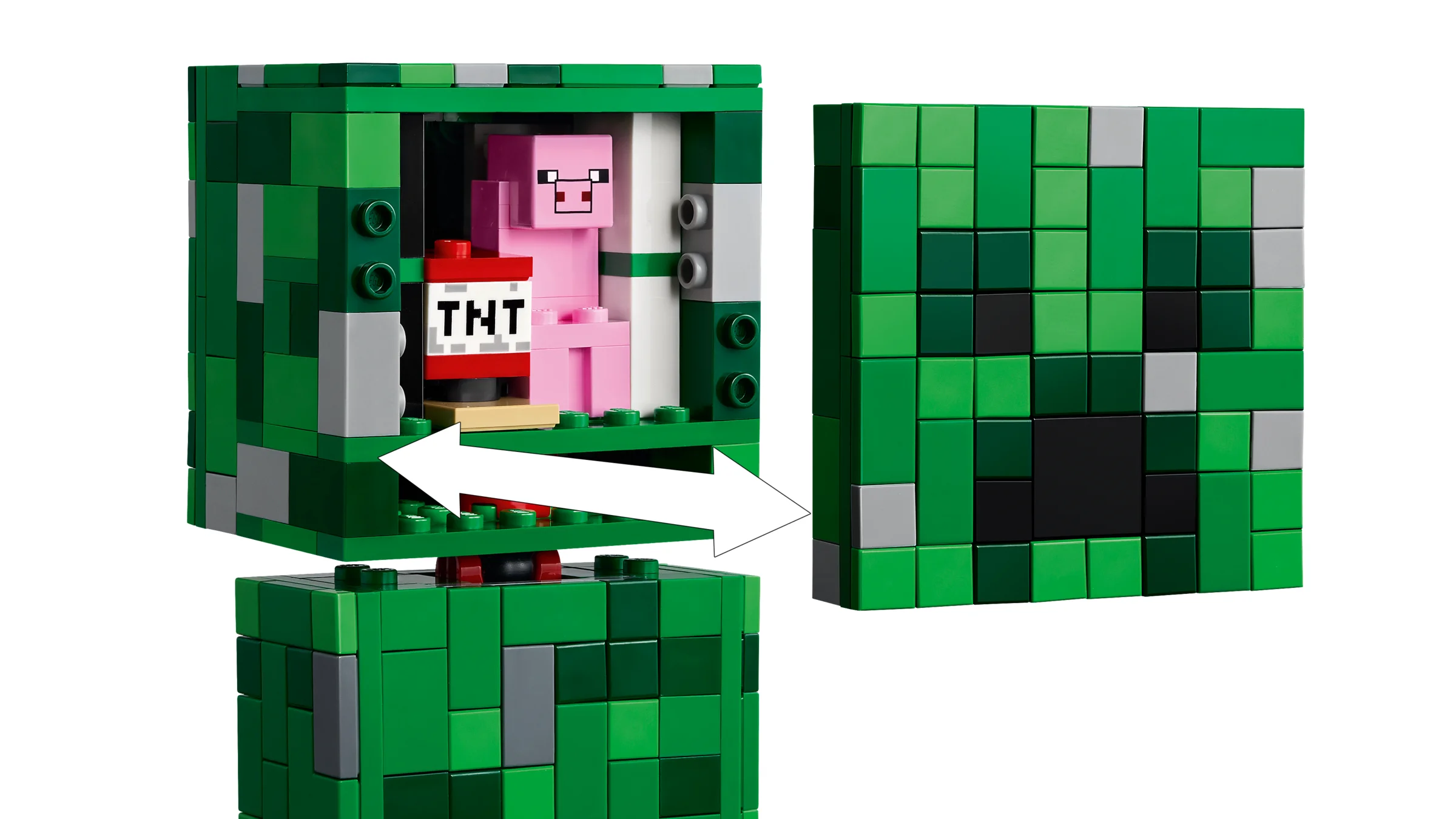 Creeper LEGO Minecraft cu funcție explozivă și mini-figură de porc. O construcție distractivă!