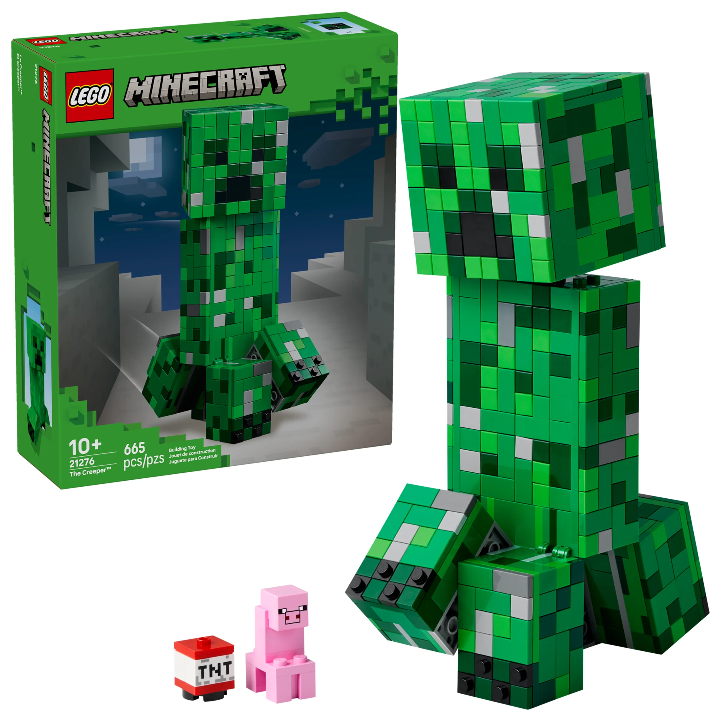 Imagine cu setul LEGO Minecraft 21276, Creeperul, alături de cutie și minifigurinele incluse.