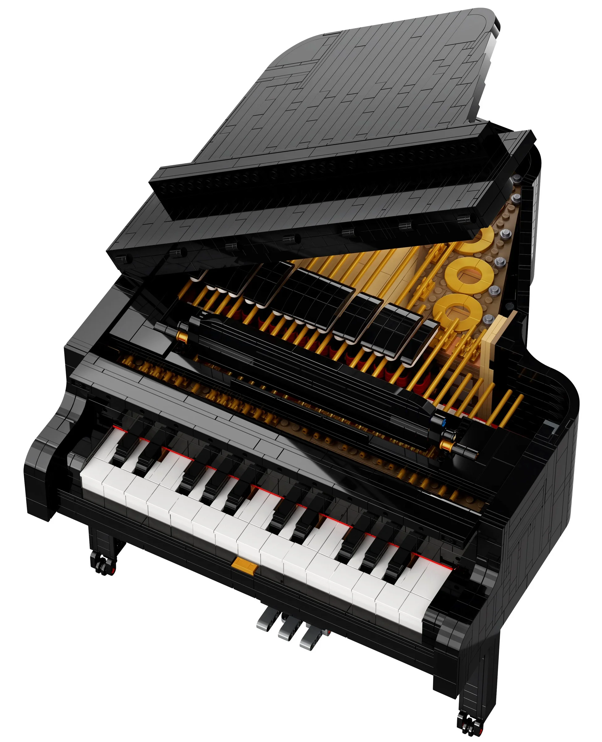 Pianul LEGO 21323, un model detaliat cu clape albe și negre și capac deschis.