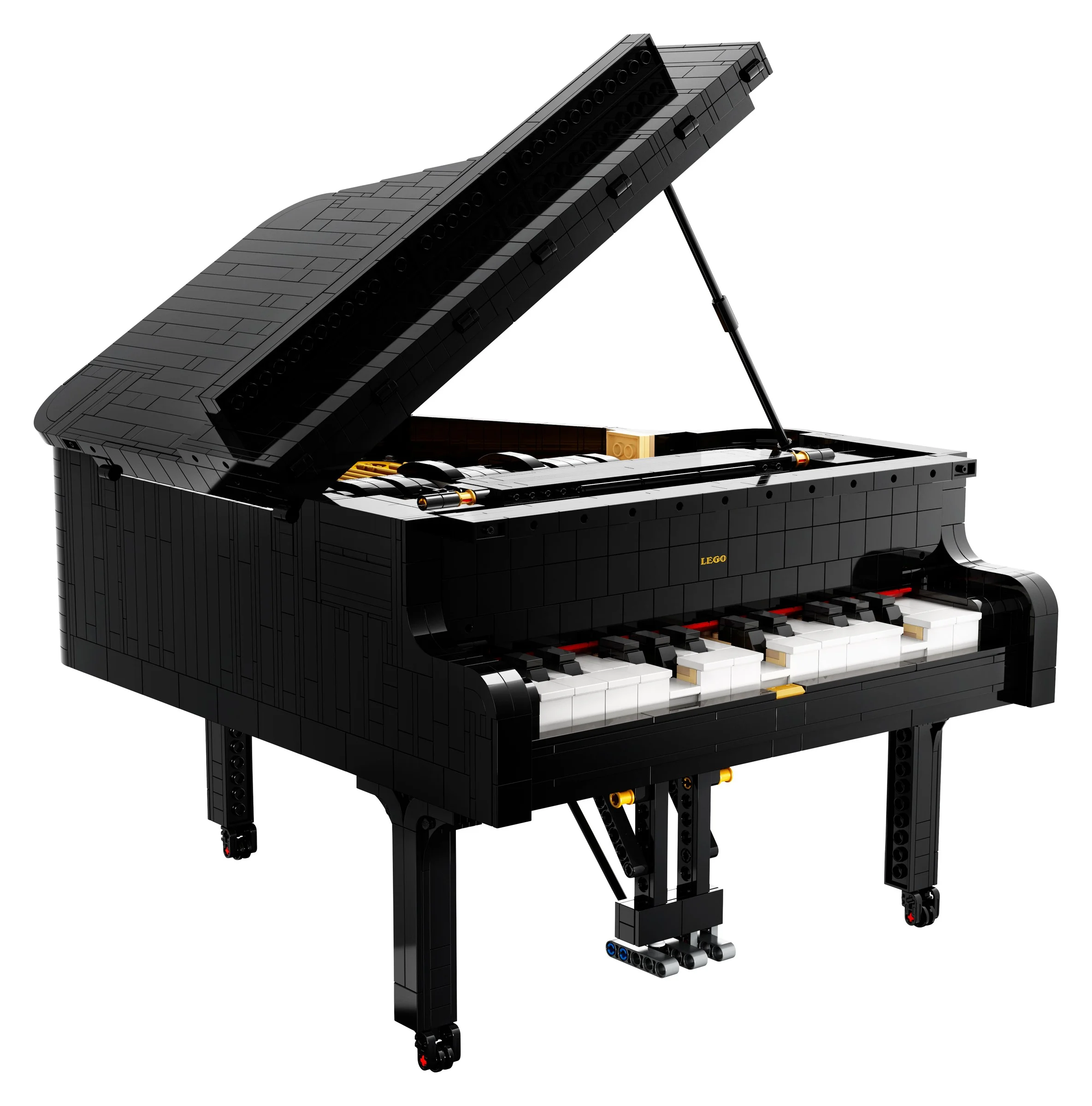 Imagine cu pianul LEGO Grand Piano 21323, cu capacul ridicat. Aspect realist și elegant.