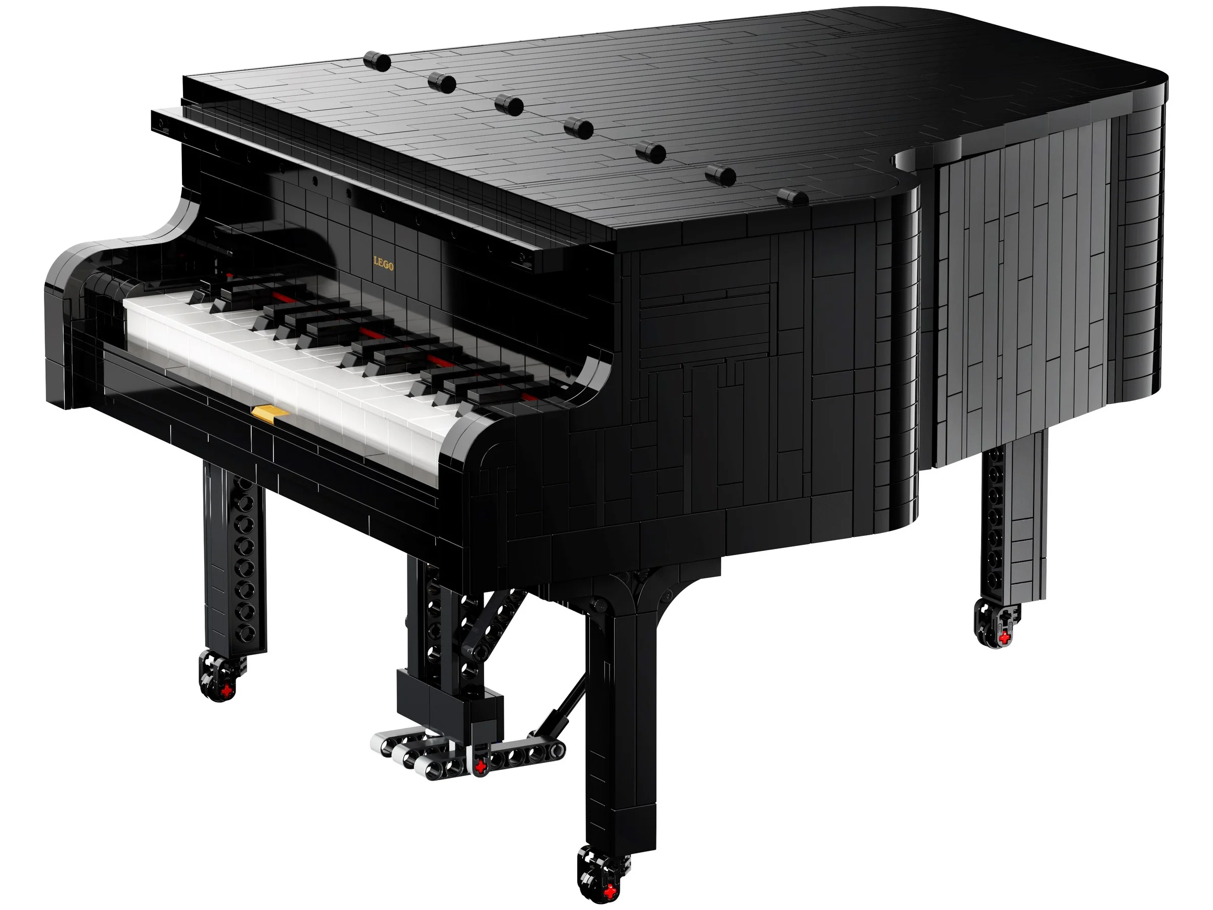 Pianul LEGO Grand Piano 21323, o replică detaliată, finisată în negru lucios, cu clape albe.