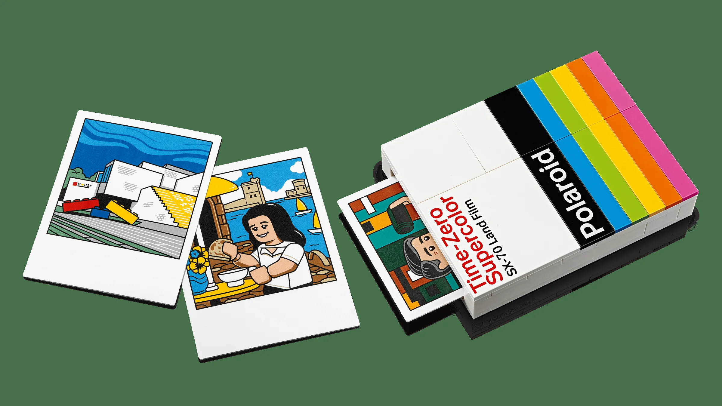 Cutie de film Polaroid cu pelicule imprimate, ilustrând potențialul creativ al setului.