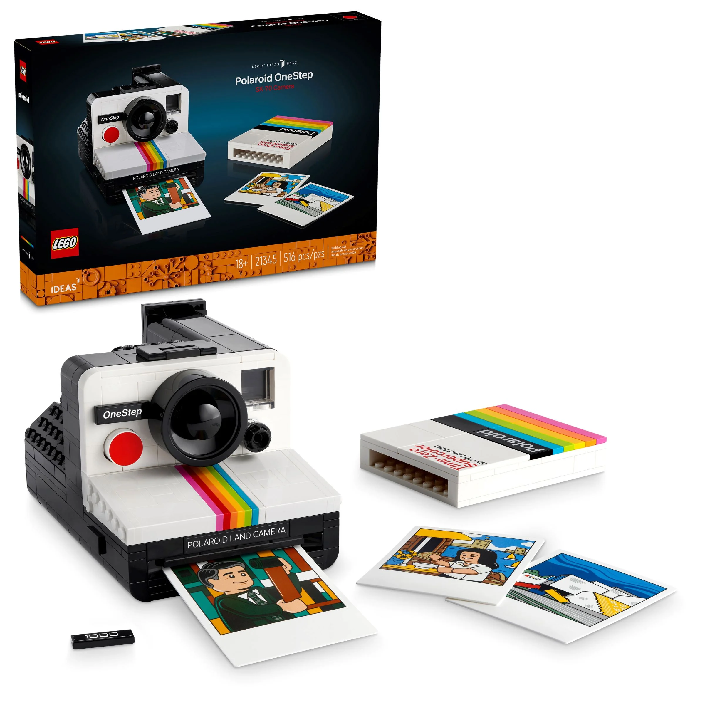 Imagine detaliată a setului LEGO Polaroid OneStep SX-70, inclusiv cutia, modelul și cartușul de film.