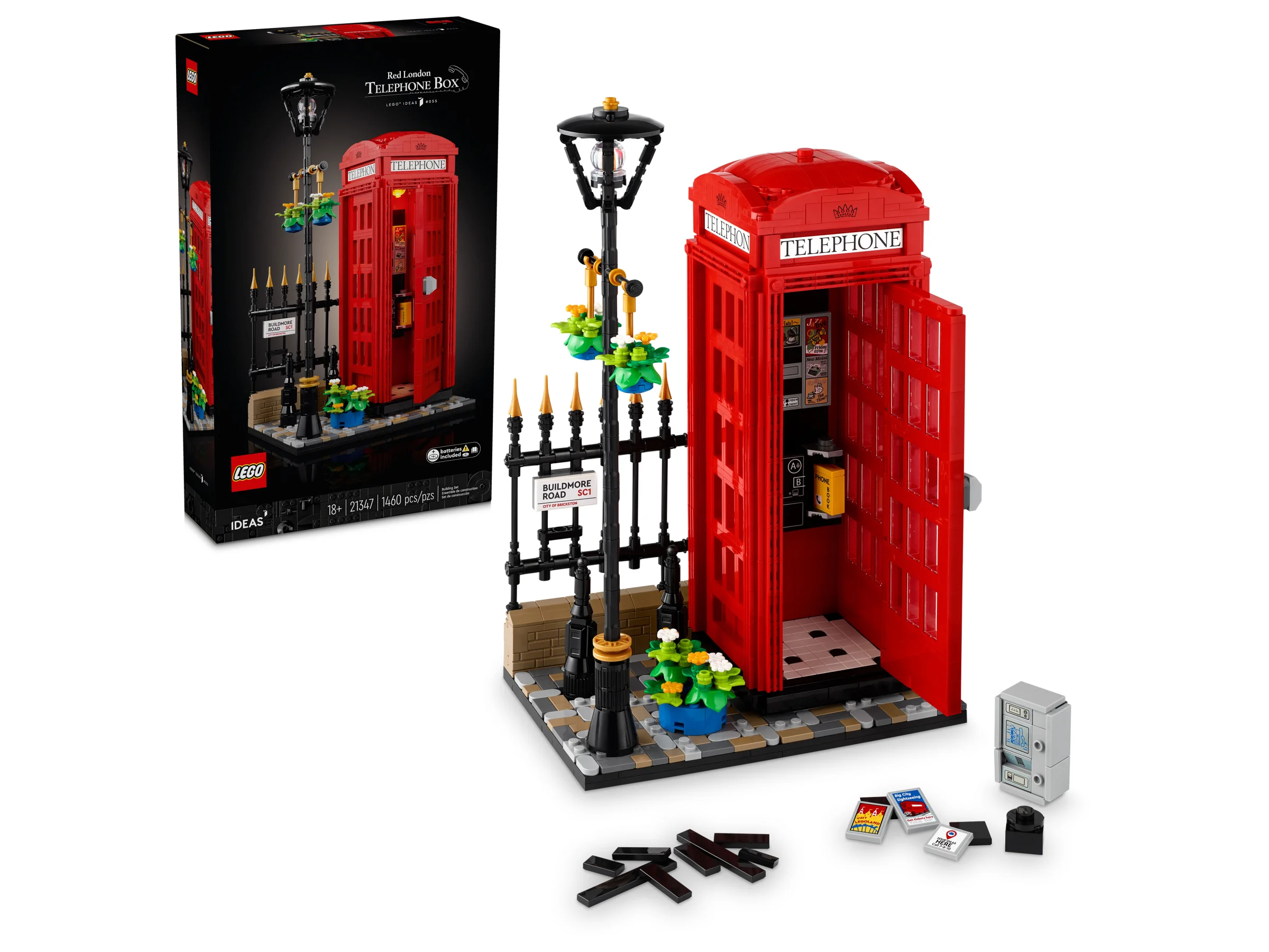 Imagine cu setul LEGO 21347 „Cabina telefonică roșie din Londra”, cu cutia și modelul asamblat.