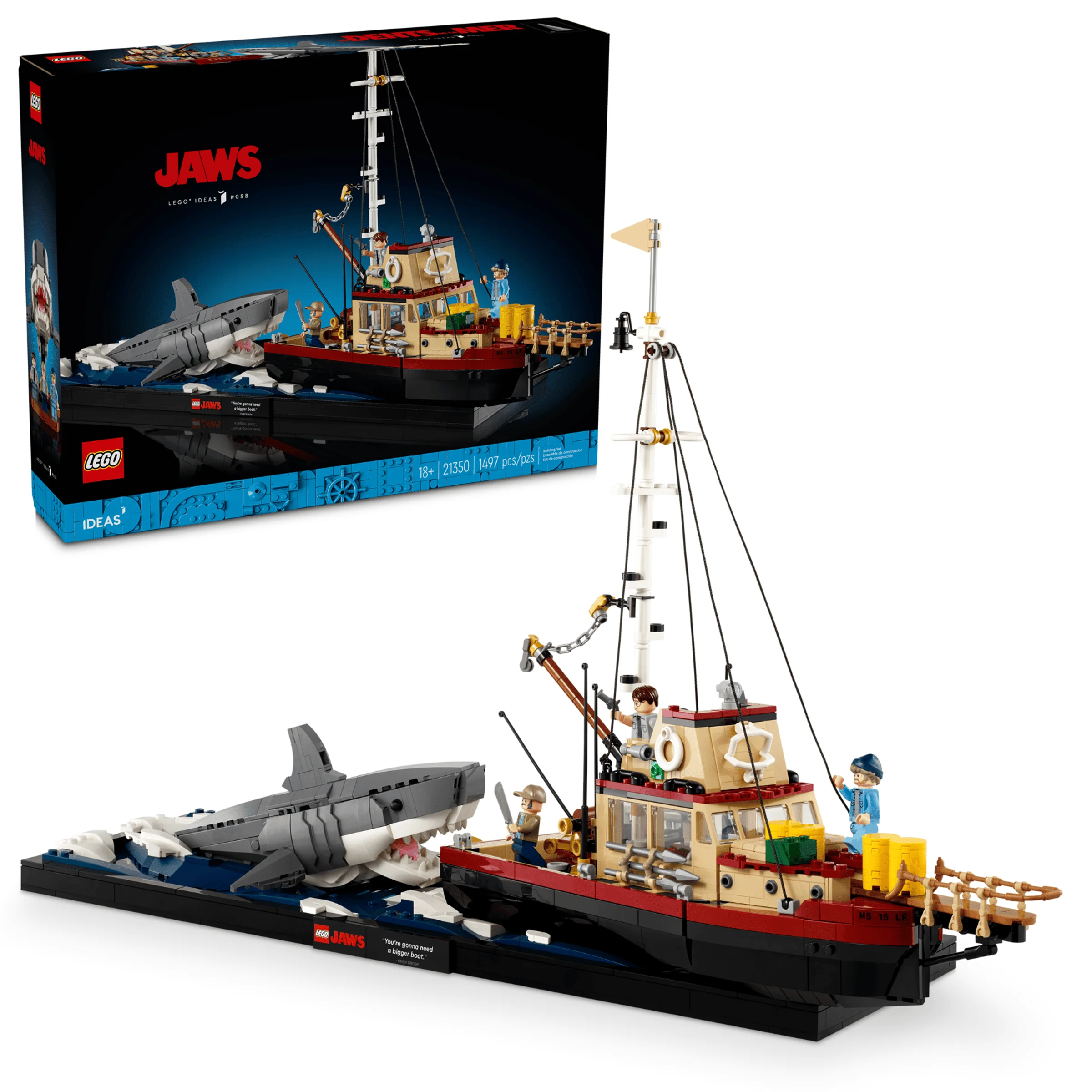 Imagine cu setul LEGO Ideas Jaws 21350 și cutia. Vedere detaliată a Orcăi și a rechinului.