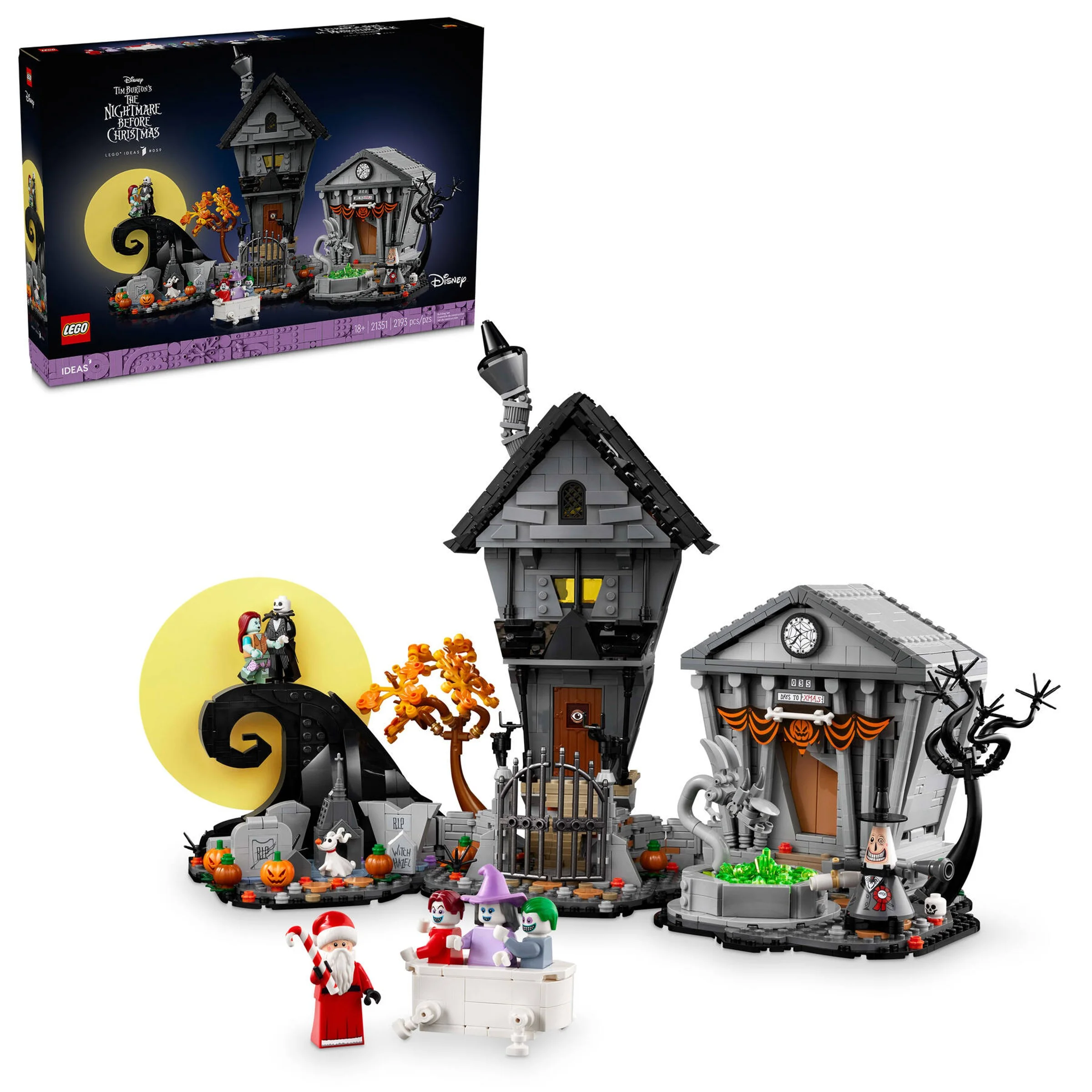 Imagine cu setul LEGO 21351, „The Nightmare Before Christmas”. Vedere produs și cutie.