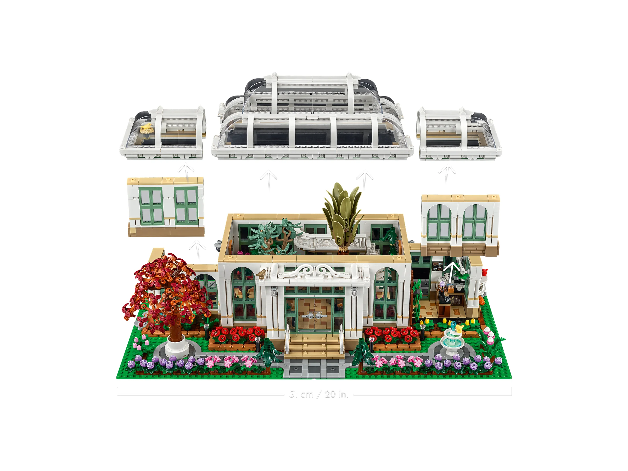 Imagine cu Grădina Botanică LEGO 21353. Acoperișul este detașat, model complex și detaliat.