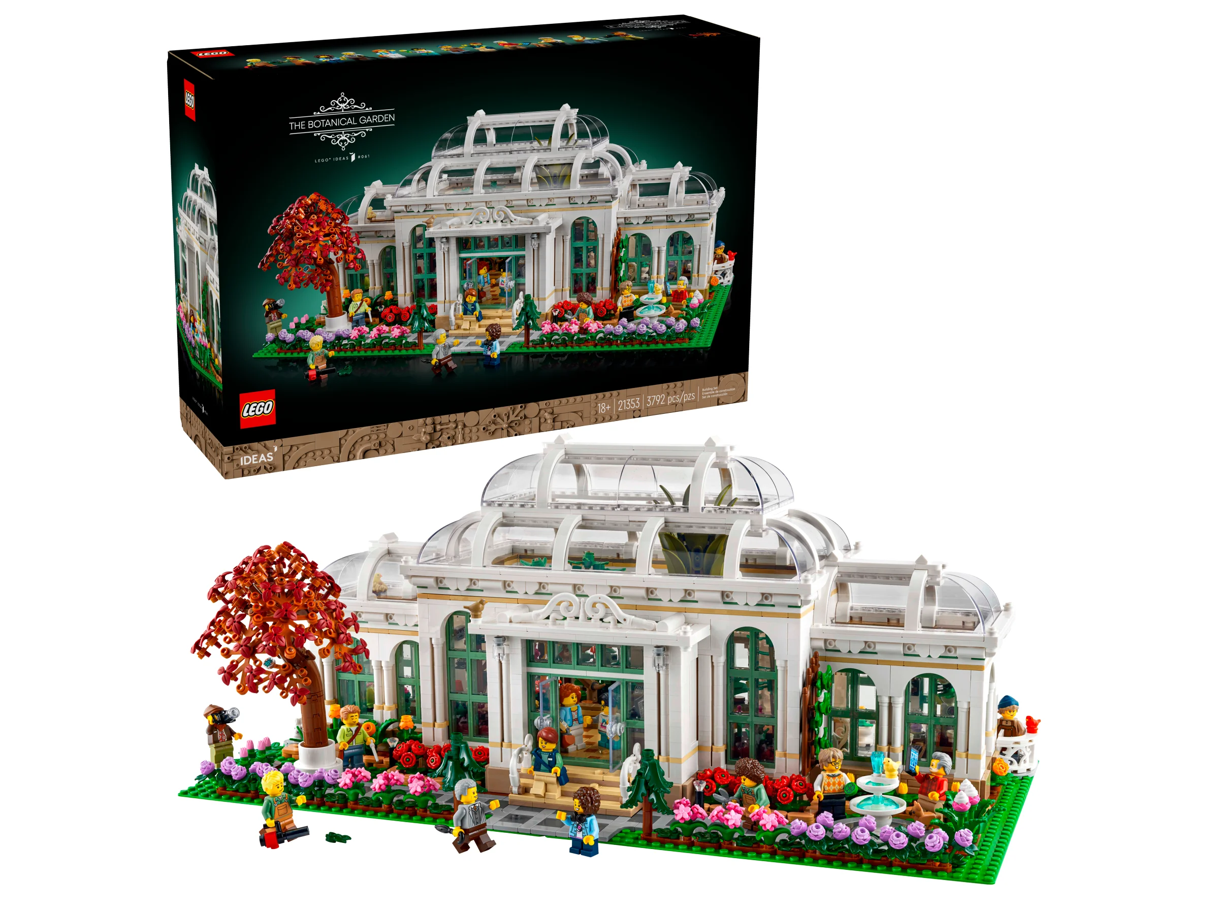 Imagine cu setul LEGO 21353, Grădina Botanică, și cutia. Model detaliat, plin de minifigurine.