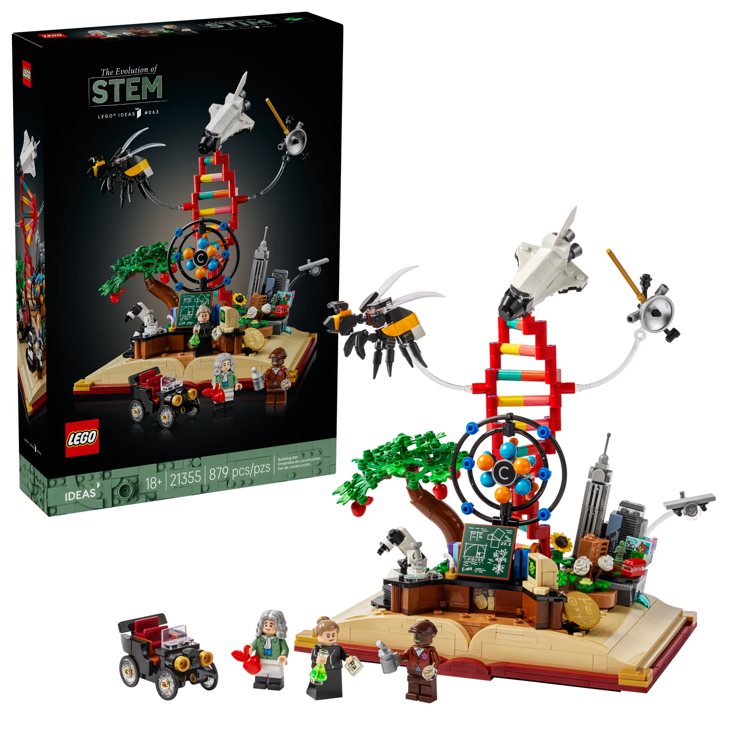 Imagine cu setul LEGO Ideas 21355 „The Evolution of STEM”, cu modelul și cutia.