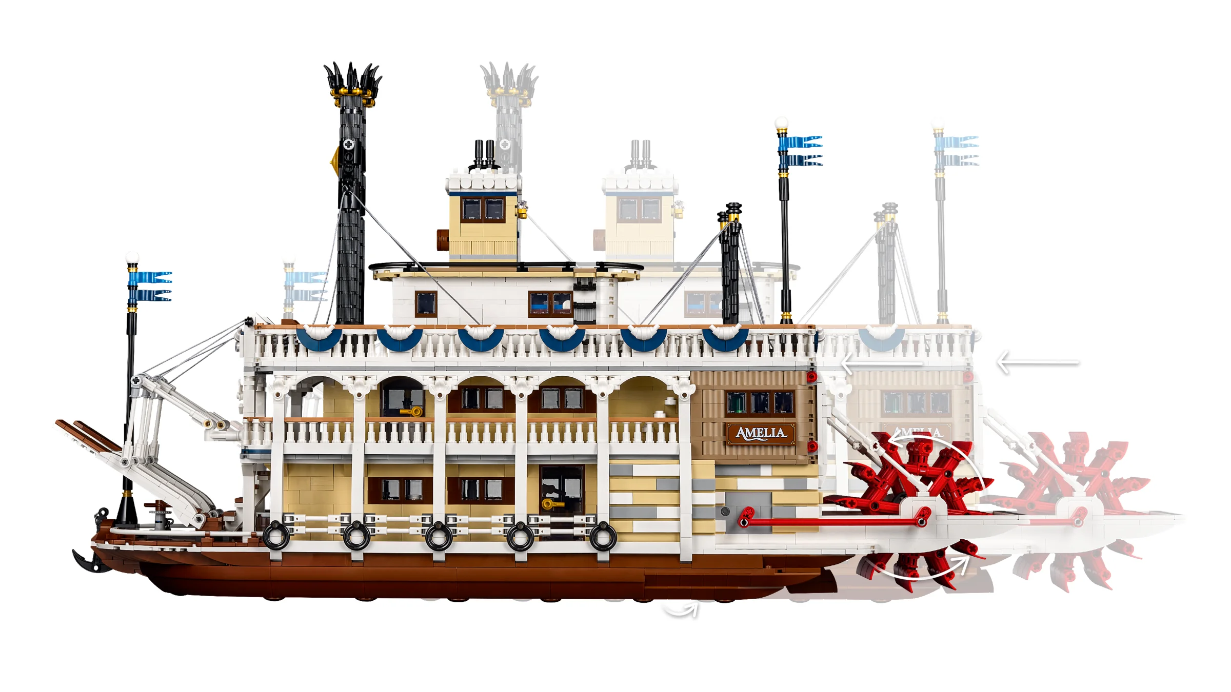 Imagine detaliată a vaporului cu zbaturi River Steamboat LEGO 21356, o replică istorică.