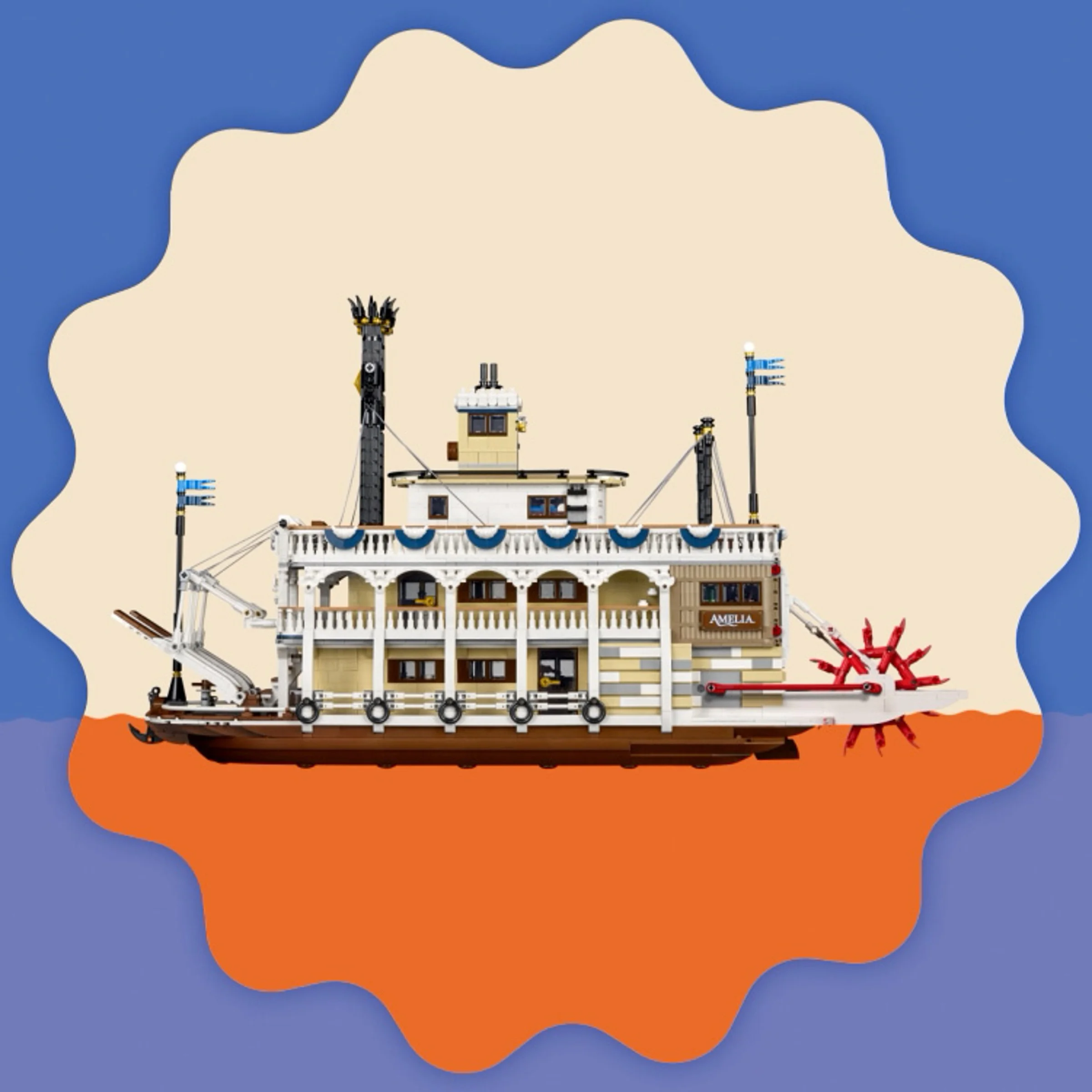 Vedere laterală a vaporului LEGO Ideas 21356. Model detaliat cu roată cu zbaturi roșie.