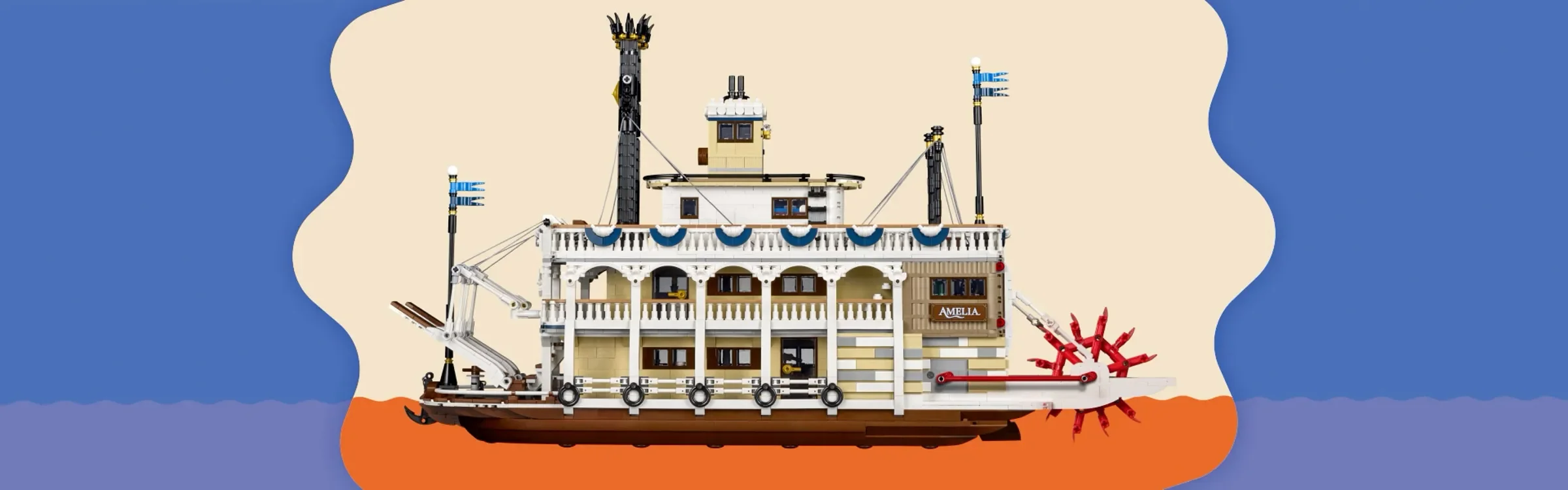 Imagine cu vaporul cu zbaturi LEGO Ideas 21356 „River Steamboat”. Modelul detaliat este prezentat complet.