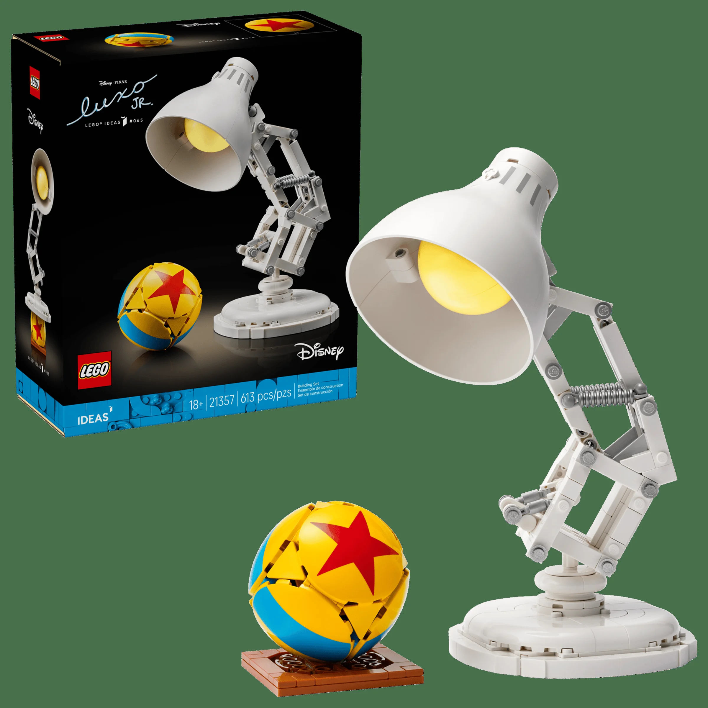 Imagine cu setul LEGO Ideas 21357 Disney Pixar Luxo Jr. și cutia produsului.