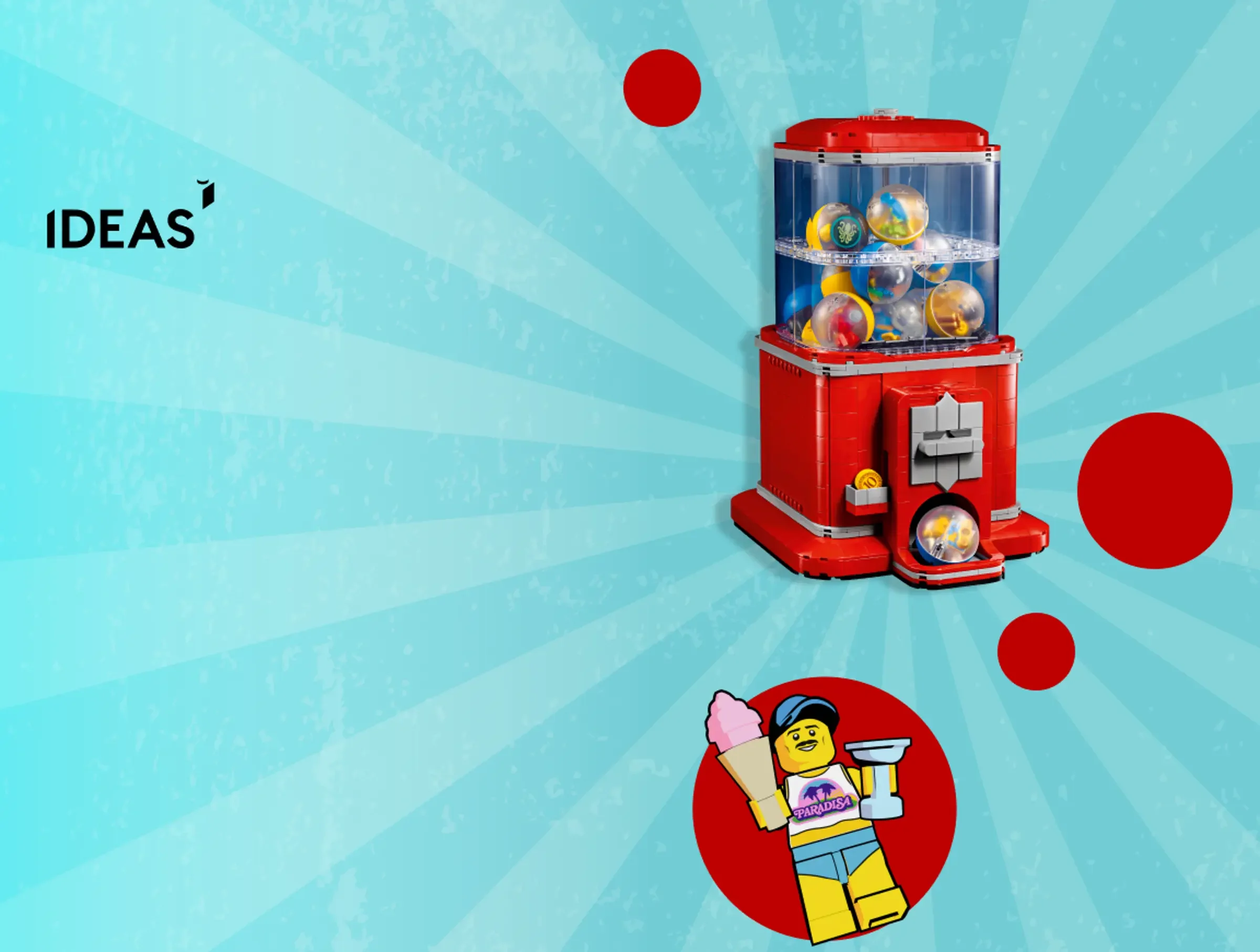 Imagine cu automatul de minifigurine LEGO Ideas, roșu și plin cu surprize în capsule transparente.