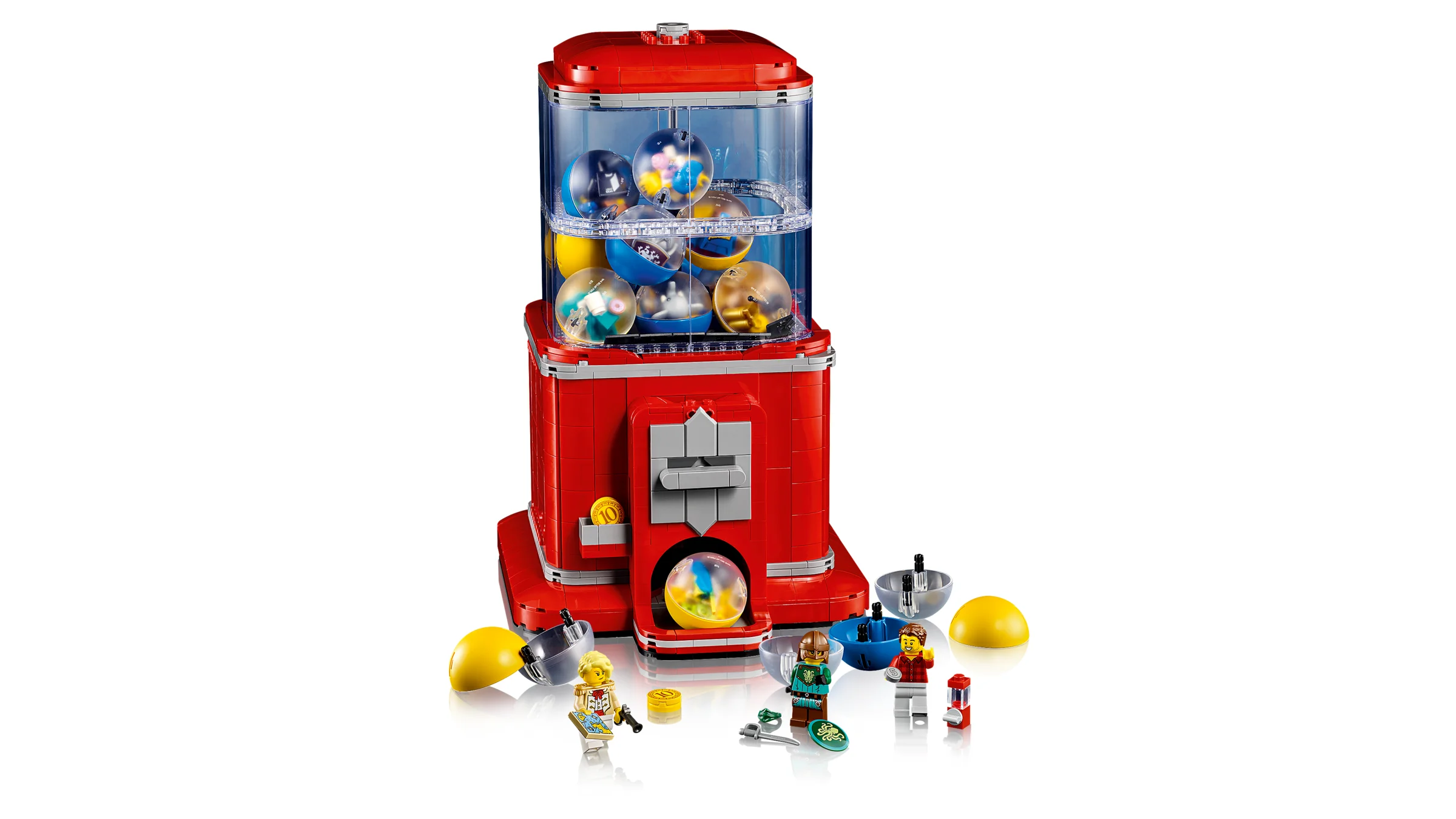 Imagine cu automatul de minifigurine LEGO 21358, incluzând minifigurinele și o capsulă. Model atrăgător.