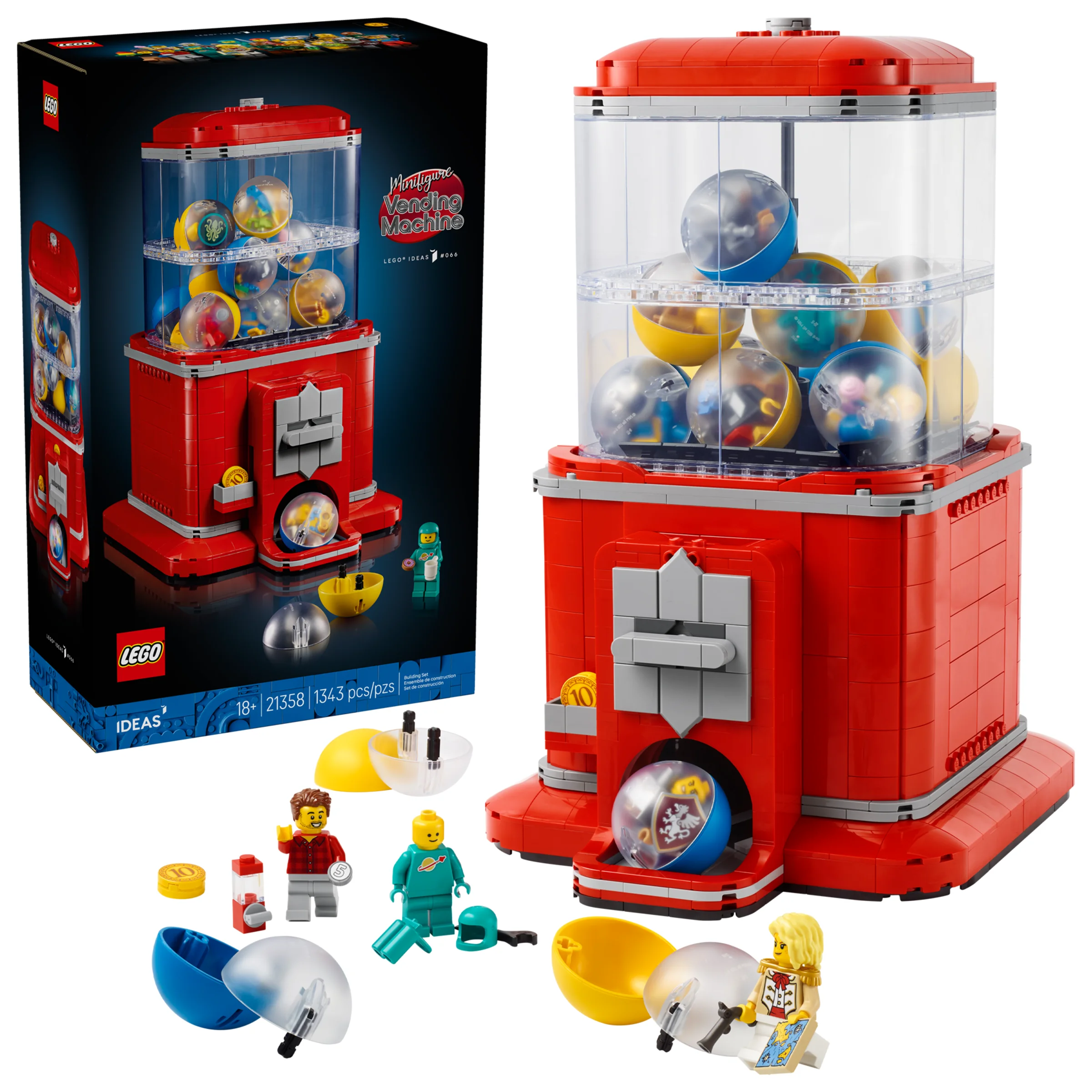 Imagine cu cutia și modelul finalizat al automatului LEGO 21358. Include minifigurinele și accesoriile.
