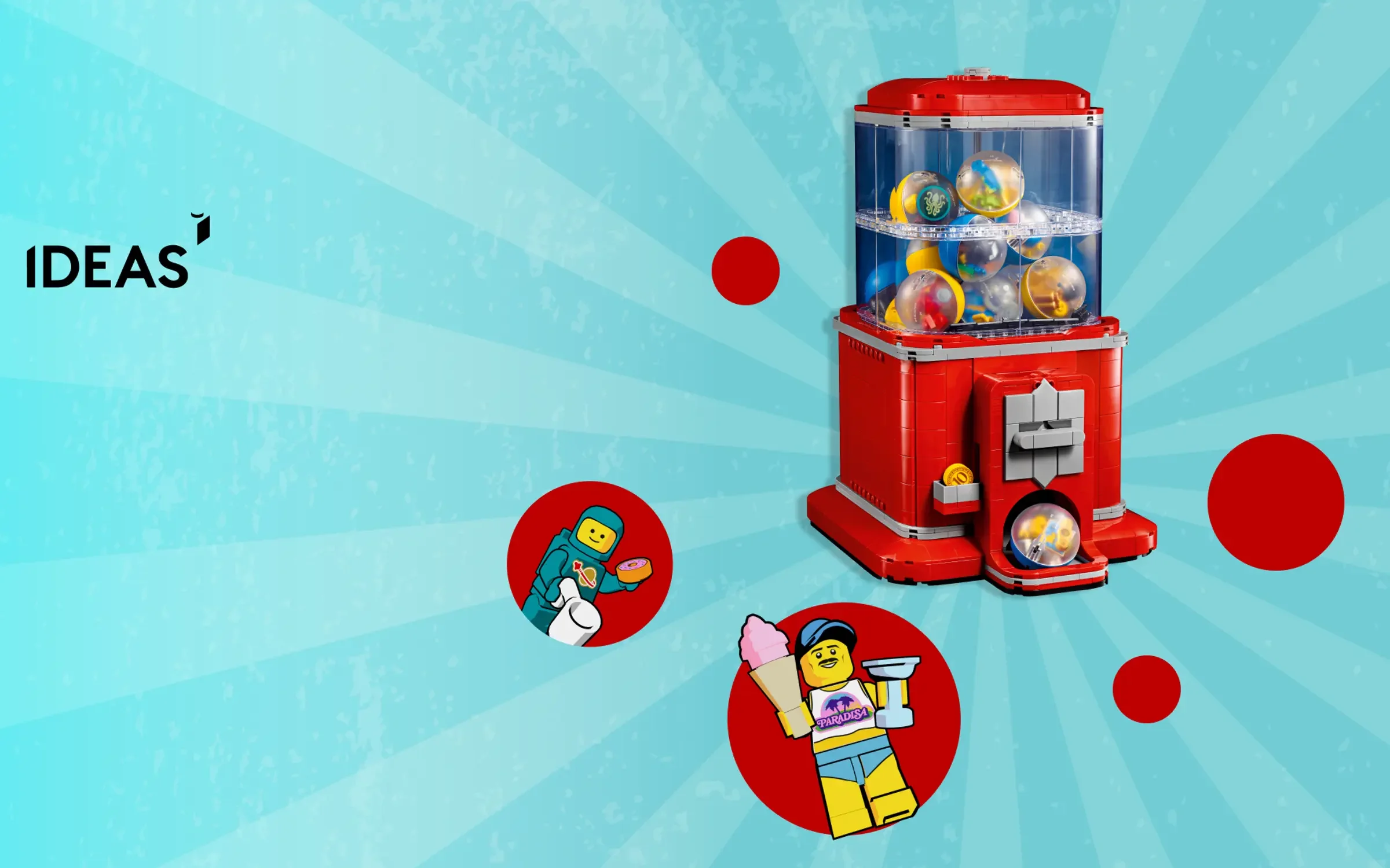Prezentare a aparatului LEGO Ideas 21358, un automat de minifigurine. Design atractiv și colorat.